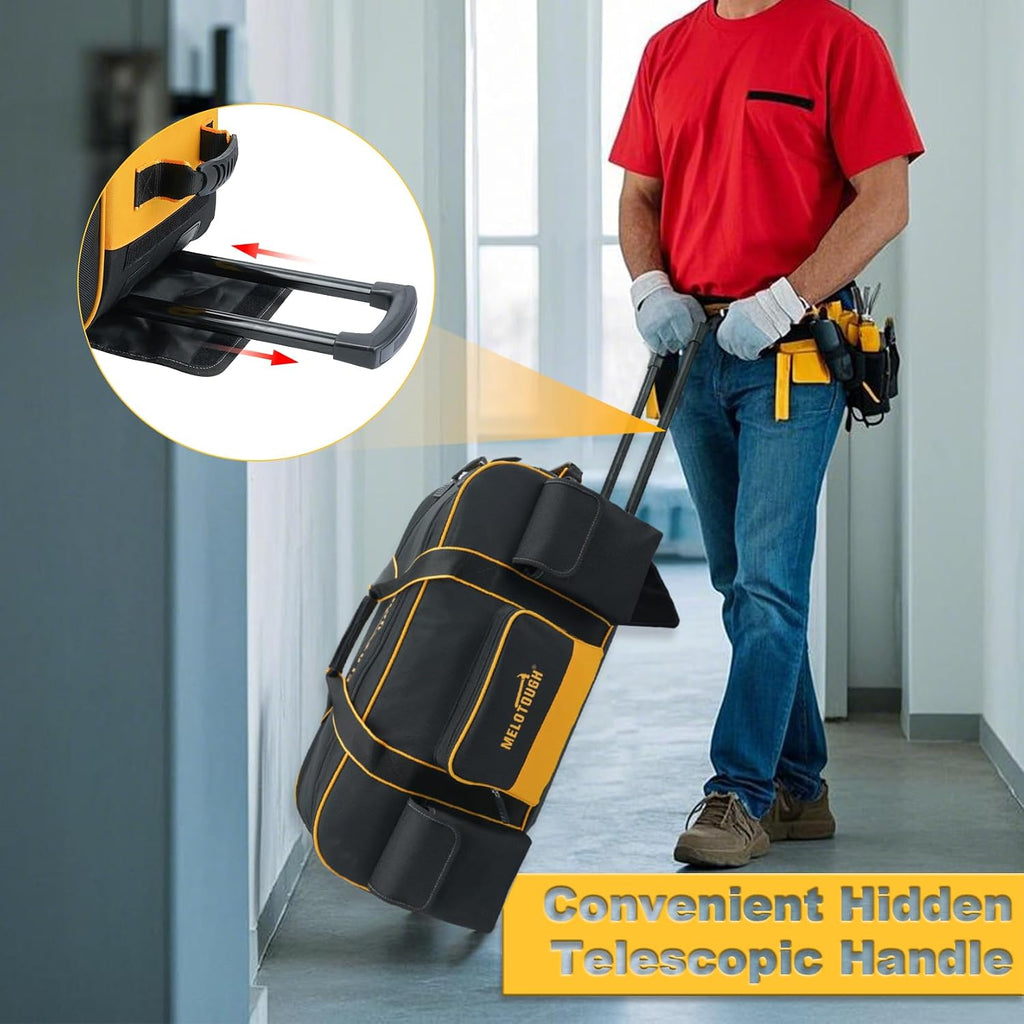 MELOTOUGH Rolling Tool Bag with Wheels,Large Capacity Tool Bag Organizer with Concealed Telescoping Handle for Electrician,Construction,HVAC,Technician (Yellow/Black)