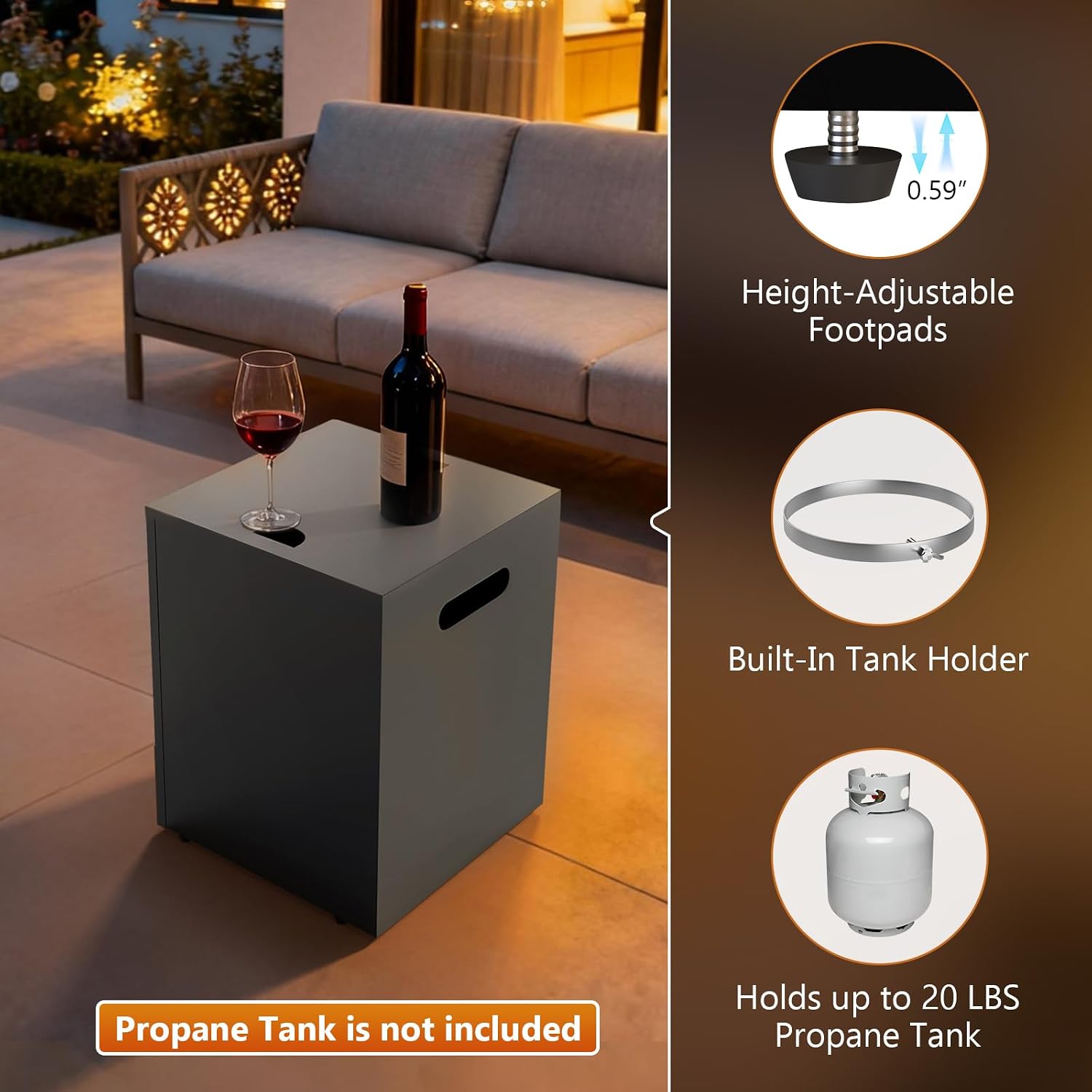 2-Piece 42' Rectangular Propane Fire Pit for Outside Patio with Hidden Tank Table, 50,000 BTU Fireplaces with Glass Wind Guard, Lid, Glass Rocks, Cover(Black)