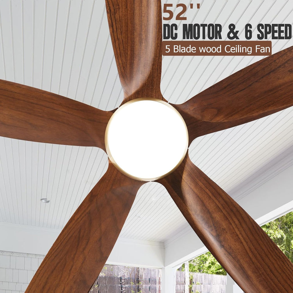 52 Inch Gold Ceiling Fans with Lights and Remote, 5 Blade Natural Solid Wood Ceiling Fan with Light Quiet DC Motor Fan, Farmhouse Ceiling Fans for Outdoor Patios Porch Gazebo Bedroom