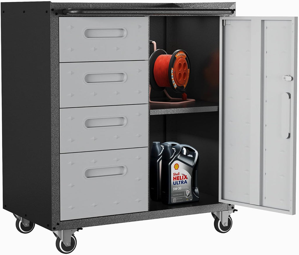 Metal Mobile Tool Storage Cabinet with Wheels,Heavy Duty Rolling Tool Cabinets for Garage,Metal Storage Cabinets with 4 Drawer and 1 Locking Doors,Assembly Required