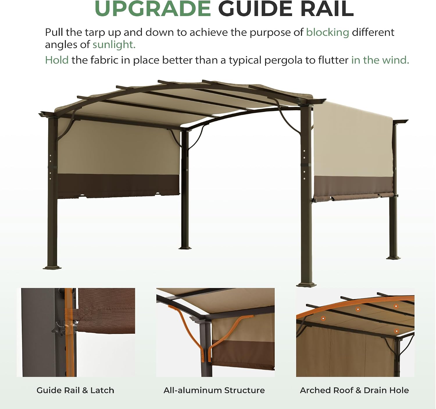 12' x12' Arched Outdoor Pergola for Deck, Outdoor Retractable Canopy and Hardware, Aluminum Frame with Canopy Fixed in Various Positions (Brown)