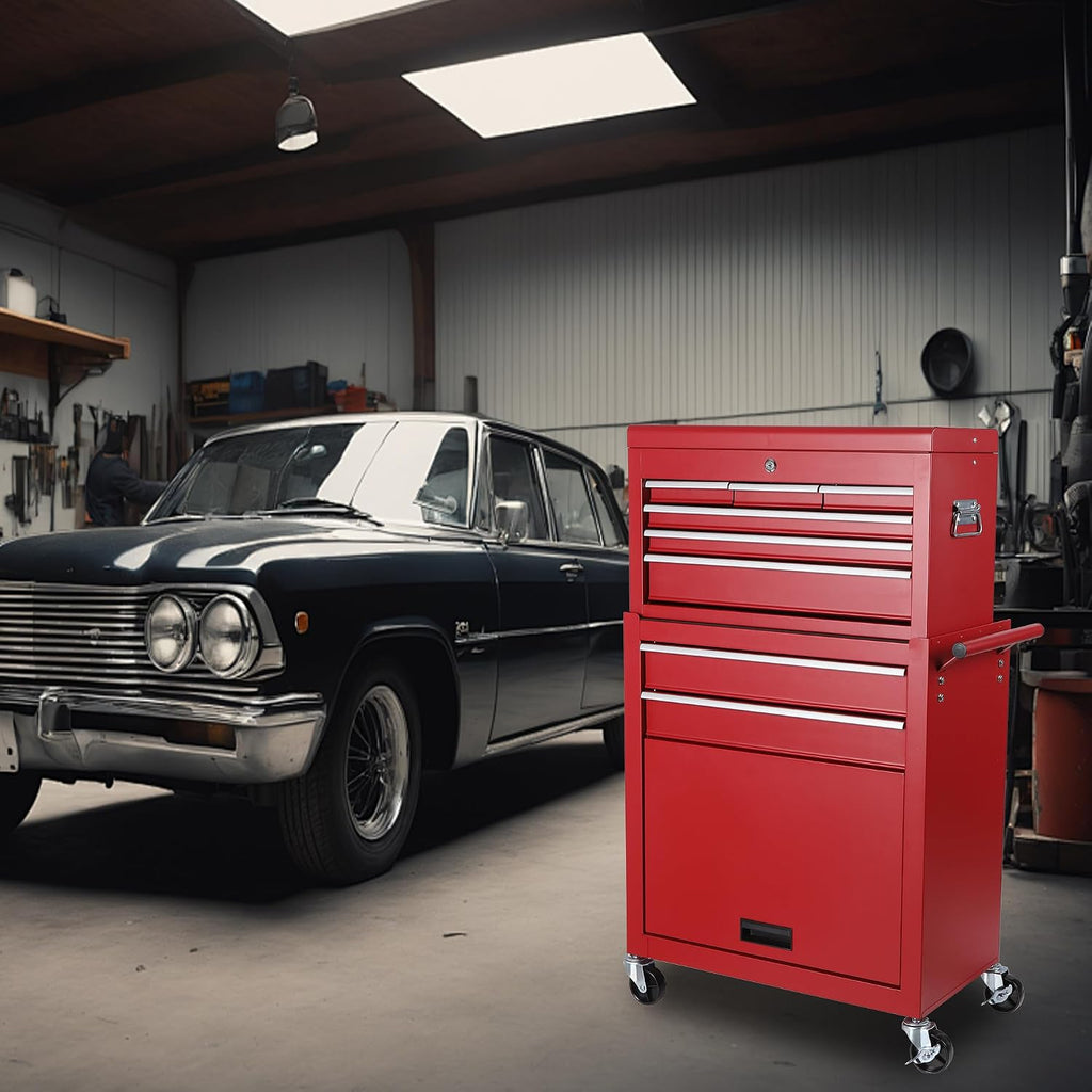 Tool Chest, 8-Drawer Rolling Tool Storage Cabinet with 2 in 1 Detachable Top Tool Box, Liner, Lockable Wheels, Side Hooks, Locking Mechanism, Metal Tool Cart for Garage