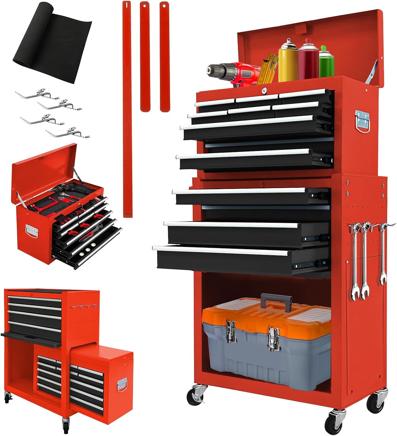 13 Drawers Tool Chest with Wheels,Large Capacity Tool Storage Cabinet with Tool Box, Locking Mechanical Tool Cart with Liner,Suitable for Garages, Warehouses-Black&Red