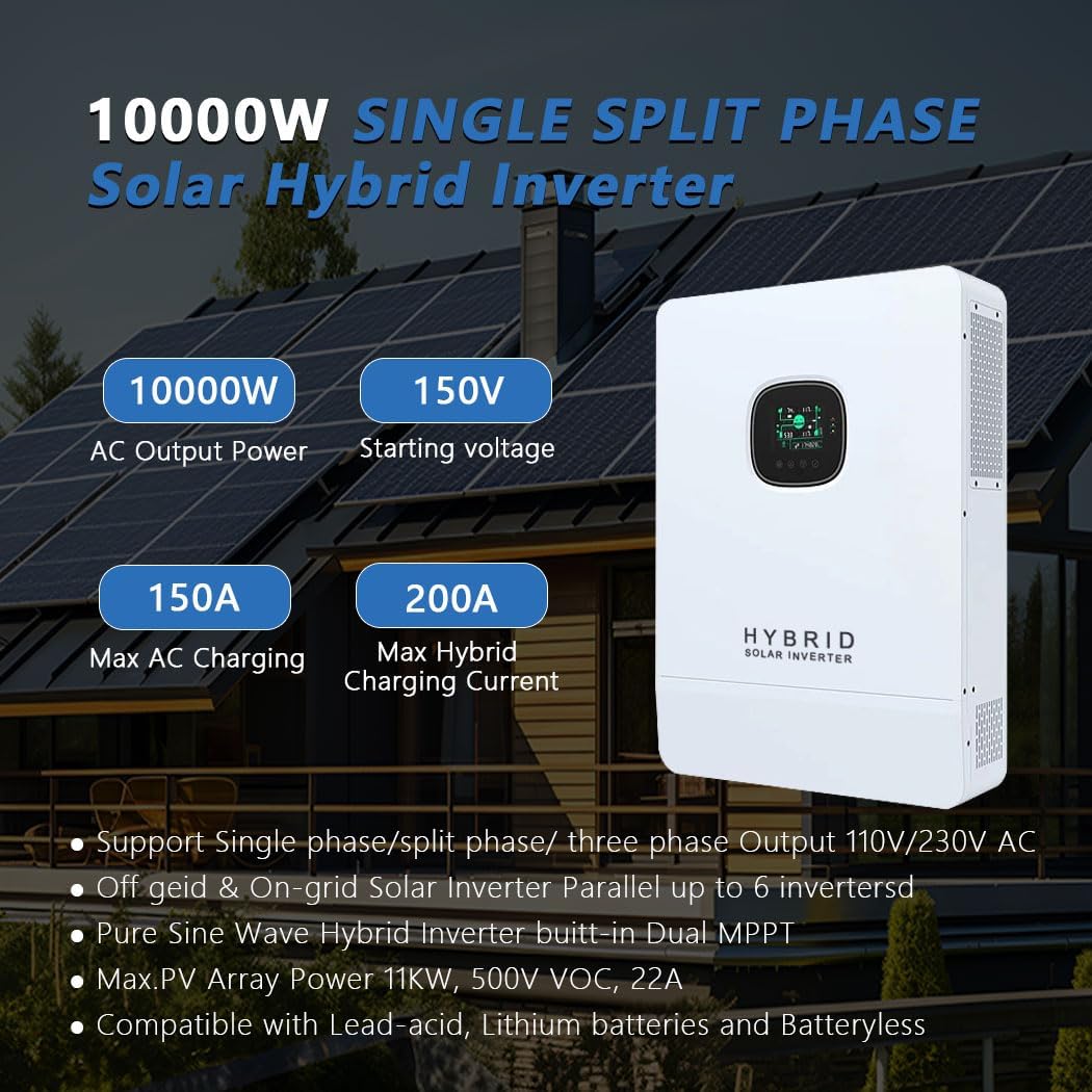 Y&H 10KW 48V Solar Inverter UL1741, 120V/240V Single/Split-Phase, with 200A MPPT Charging 11KW PV, Battery-Free & Hybrid UPS, Pure Sine 20KW Peak, Parallel Capable, CAN-BMS-Wi-Fi, Off-Grid Home RV ESS