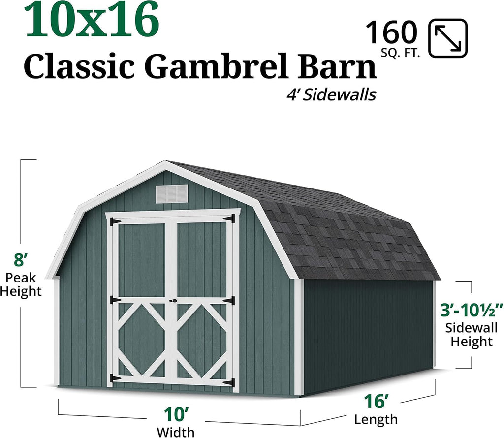Little Cottage Co. 10x16 Classic Gambrel Barn with 4 ft. Sidewalls with Floor, Outdoor Wood Storage Shed Do-It-Yourself Precut Kit