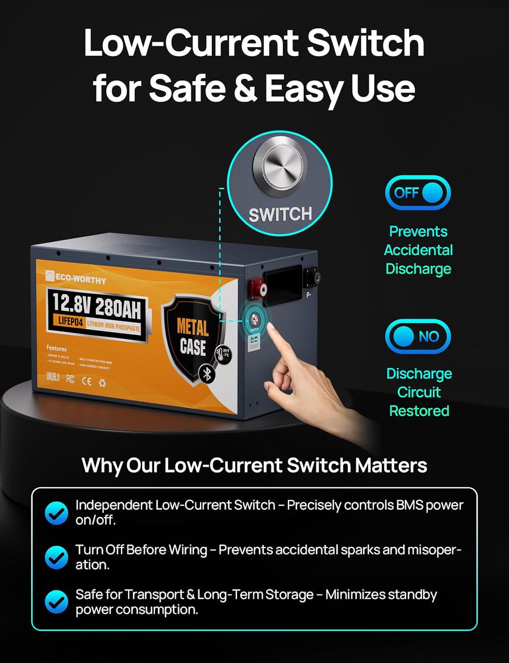 ECO-WORTHY 12V 280Ah Metal Case LiFePO4 Lithium Battery with Bluetooth, Low-Temp Protection, Built in 200A BMS, 3584Wh Max for Off-Grid Solar, RV, Camper, Trolling Motor, Home Use