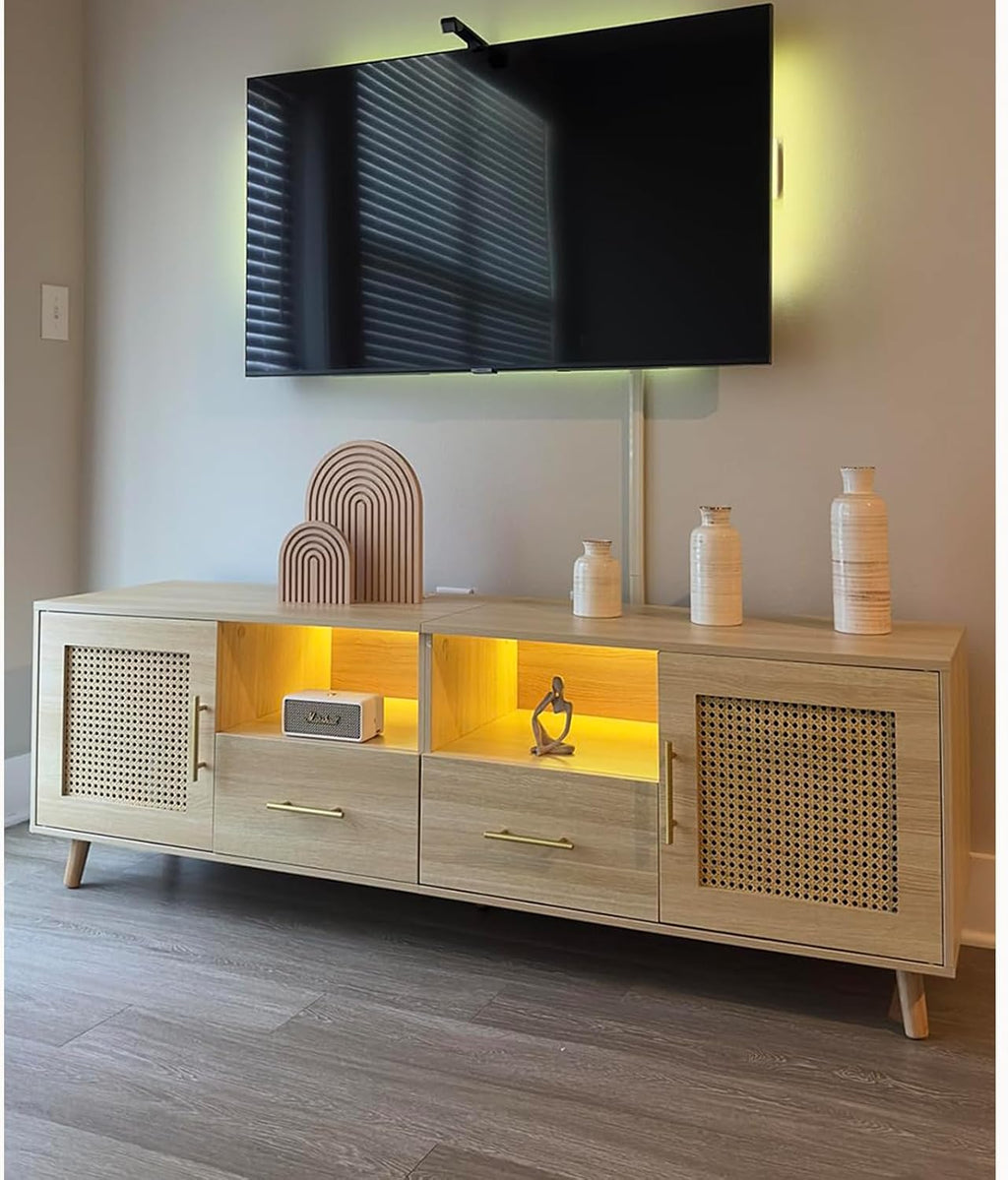 Rattan TV Stand for 70 Inch TV, 63' Modern Entertainment Center with LED Light, Outlet, Storage Shelves, 2 Drawers and Cabinets, Rattan Door, Boho TV Stand with Outlet for Living Room, Wood