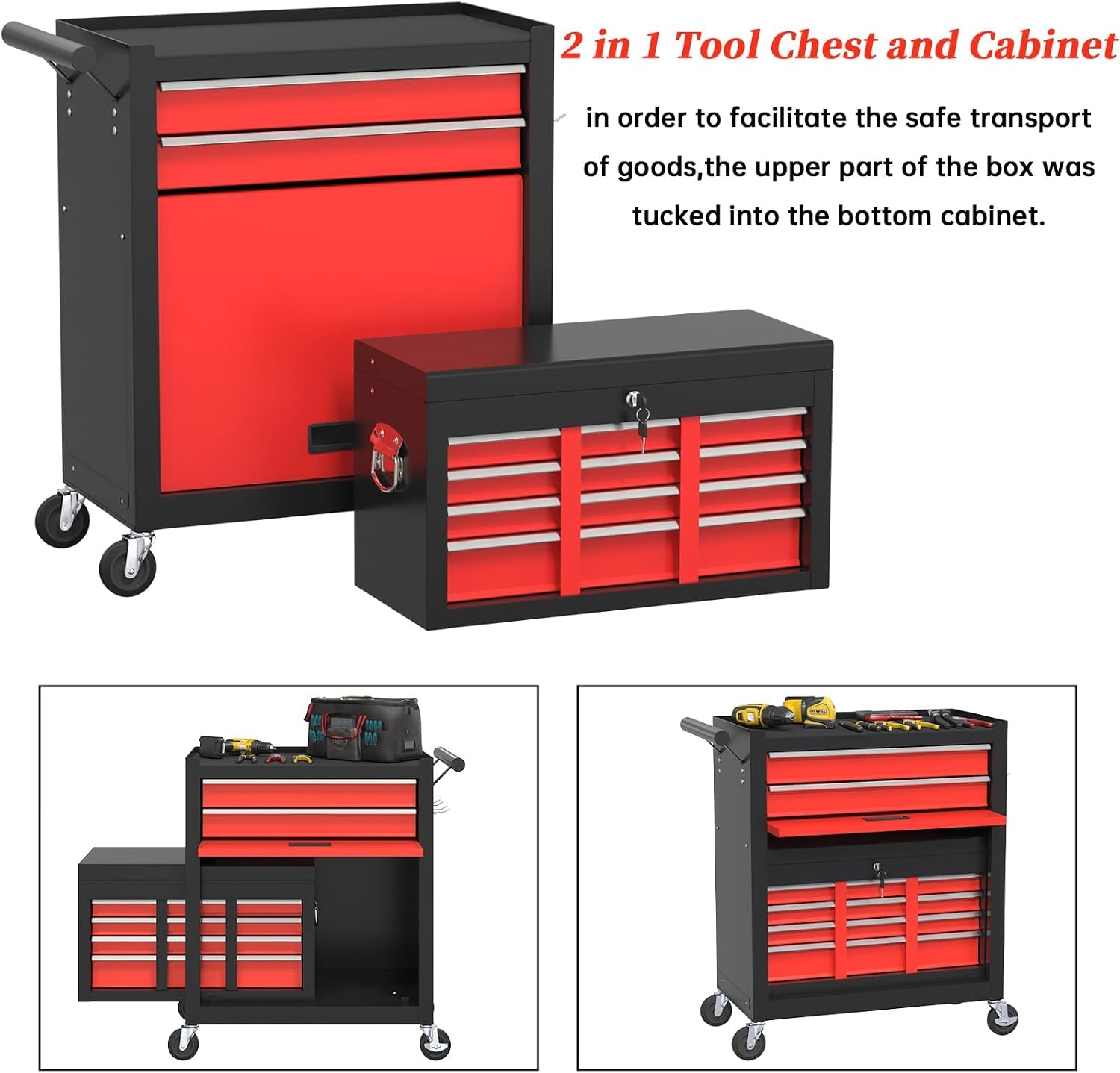 High Capacity Rolling Tool Boxes with Wheels and Drawers, 8-Drawer Storage Cabinet, Detachable Organizer Combo, Mobile Lockable Toolbox for Workshop Tool Room and Garage (BlackRed)