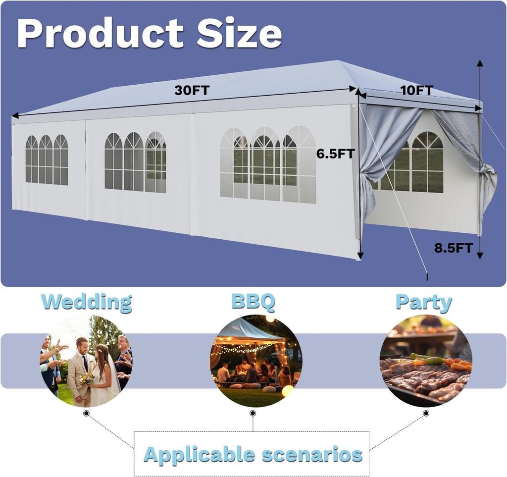 Devoko 10'x30' Heavy Duty Outdoor Canopy Tent, Waterproof Wedding Party and Events Tent with UV Protection & Sidewalls, Wind Resistant Portable Gazebo for Backyard, Patio, White