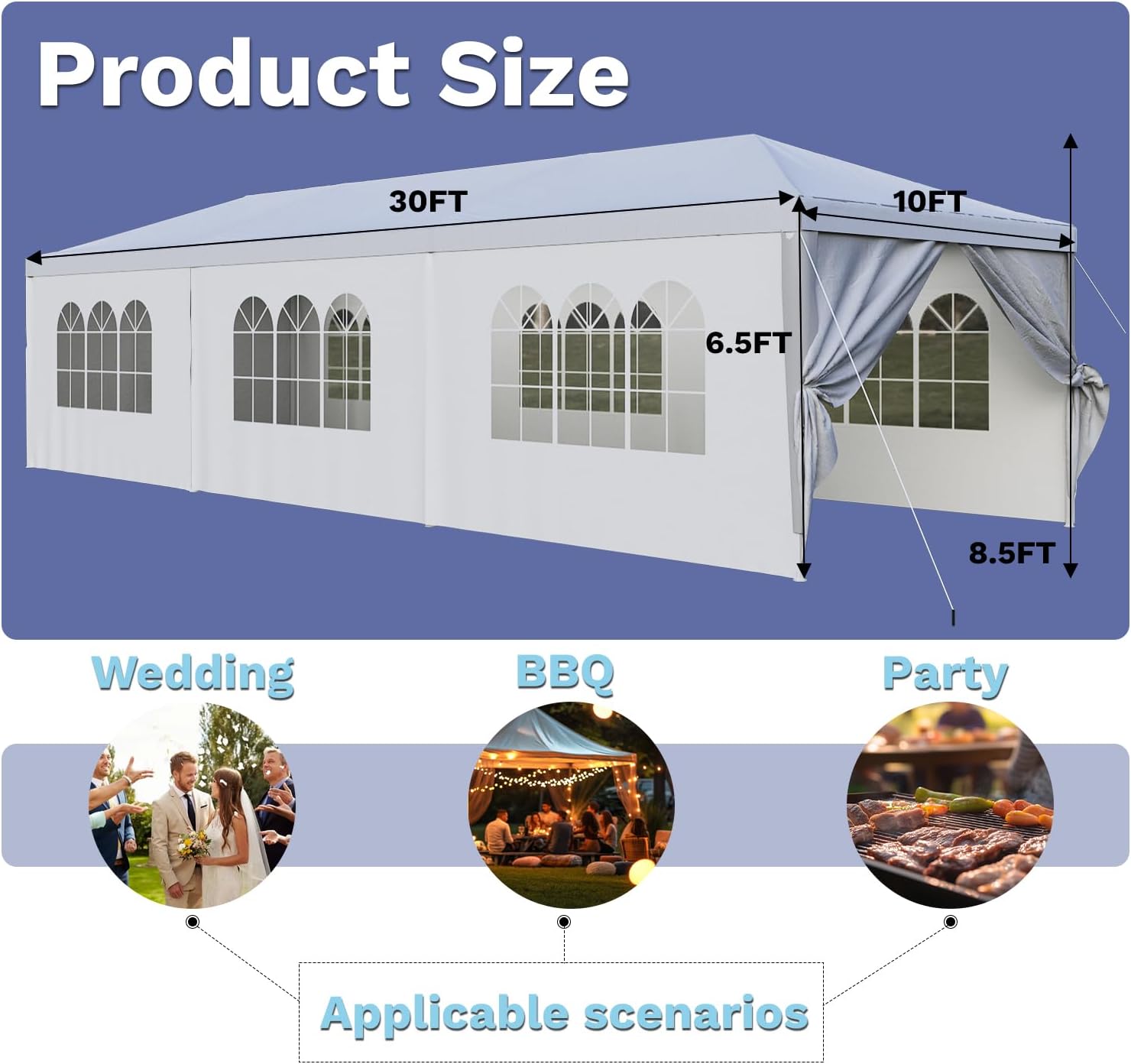 Devoko 10'x30' Heavy Duty Outdoor Canopy Tent, Waterproof Wedding Party and Events Tent with UV Protection & Sidewalls, Wind Resistant Portable Gazebo for Backyard, Patio, White