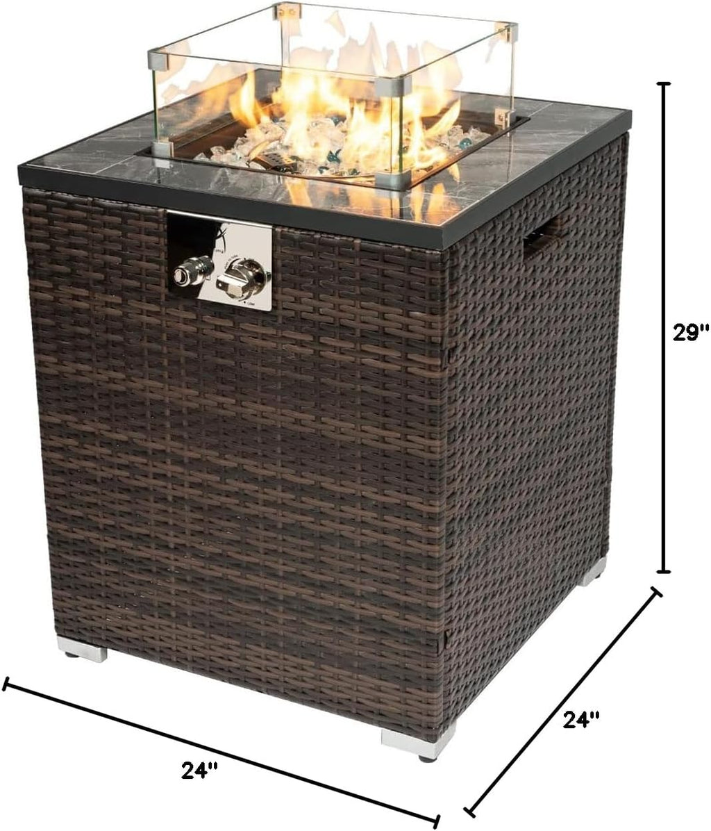 24in Outdoor Propane Gas Fire Pit Table, 40,000 BTU Auto-Ignition Gas Firepit with Glass Wind Guard, Marble Tile Tabletop, Mixed Color Glass Rocks, Brown PE Rattan