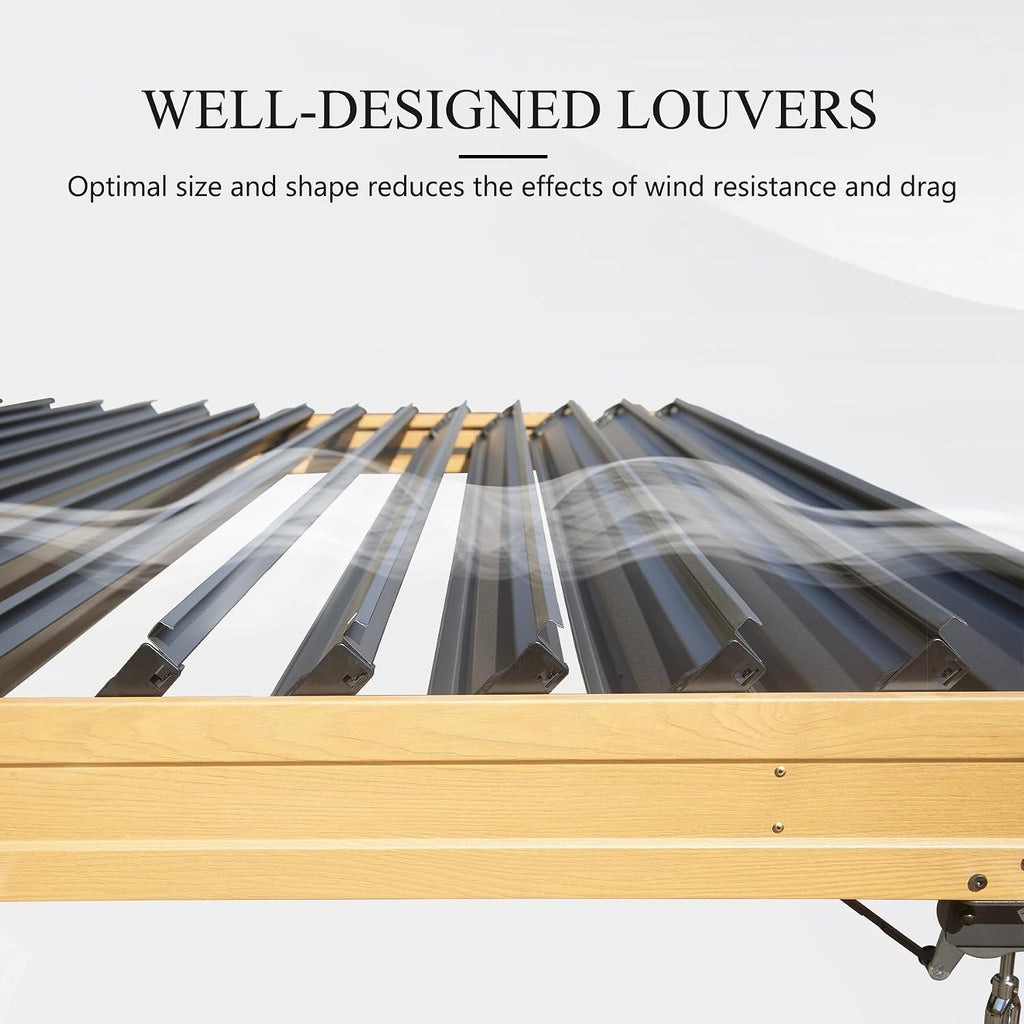 Domi Louvered Pergola 10x10FT, Outdoor Wood Grain Pergola Aluminum Frame with Adjustable Rainproof Metal Roof, Permanent Sun Shade with Drainage System for Deck Garden Yard