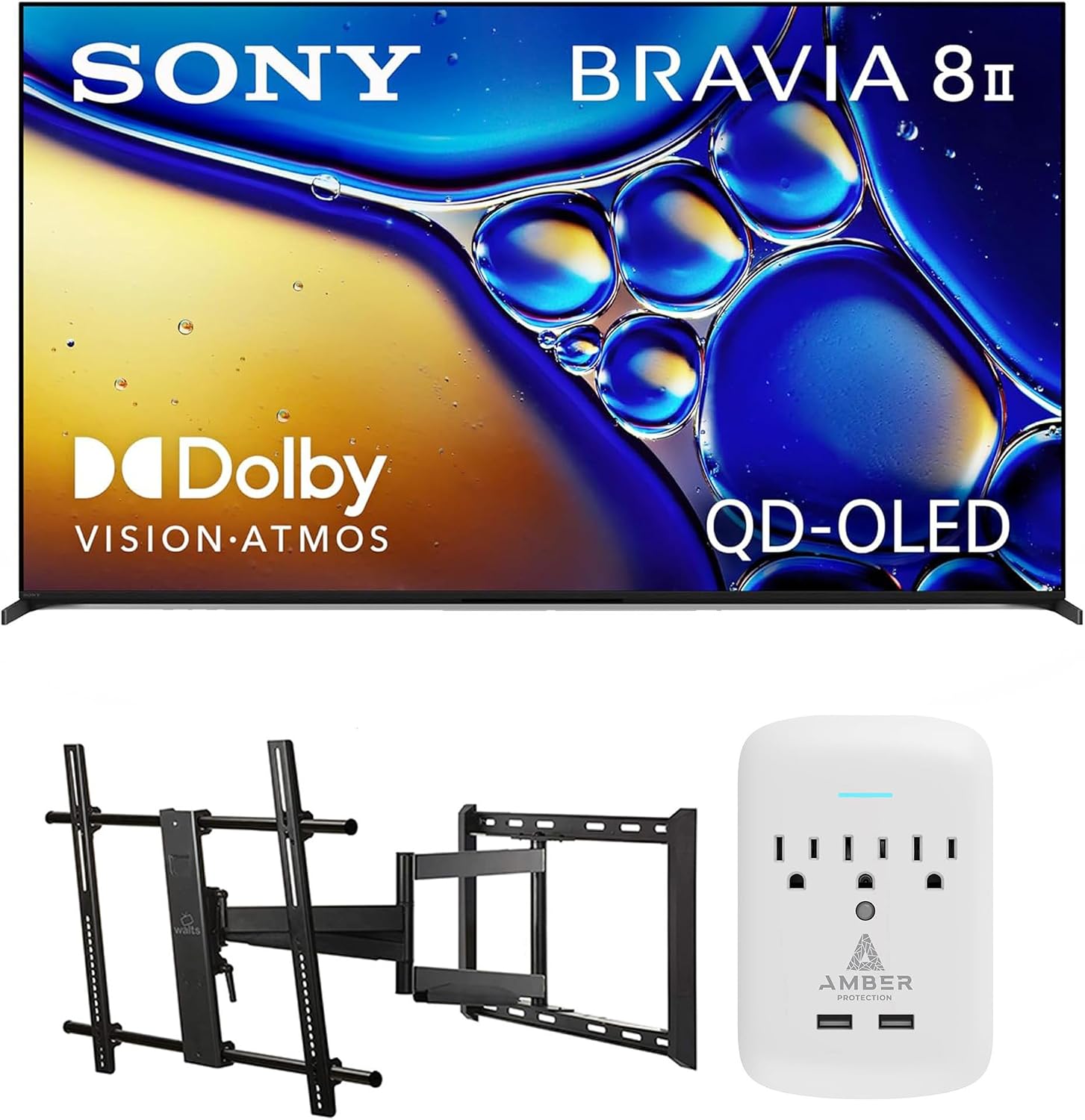 SONY K55XR80M2 55 Inch Bravia 8 QD-OLED 4K HDR Google TV with a Walts Large/Extra Large Full Motion Mount for 43'-90' TVs and Amber Protection 3-Outlet-Surge Surge Protector (2025)