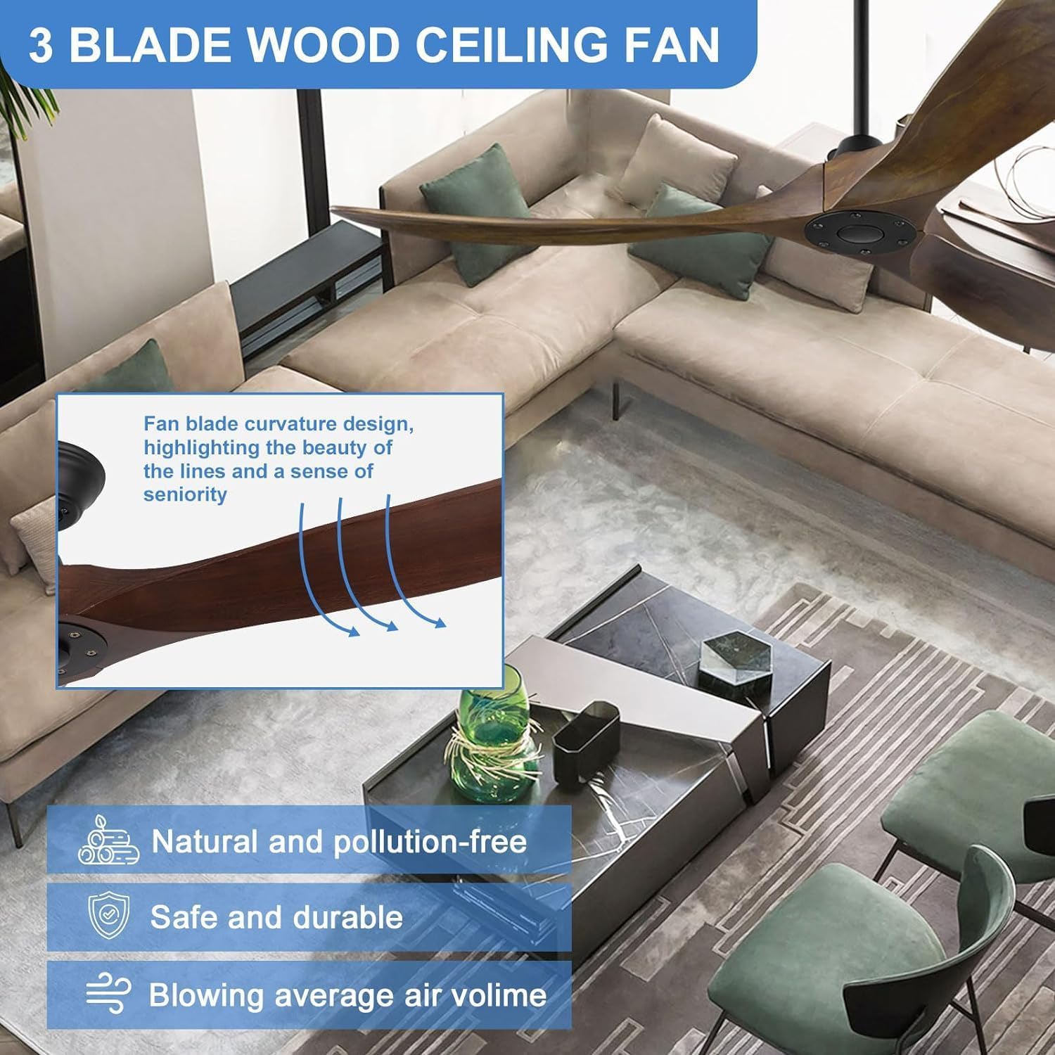 Wood Ceiling Fan without Light, 60 Inch Indoor Outdoor Ceiling Fan with Remote no Light, 3 Blade Large Airflow Propeller Fan for Farmhouse Patios Gazebo, Reversible DC Motor, 3 Downrods