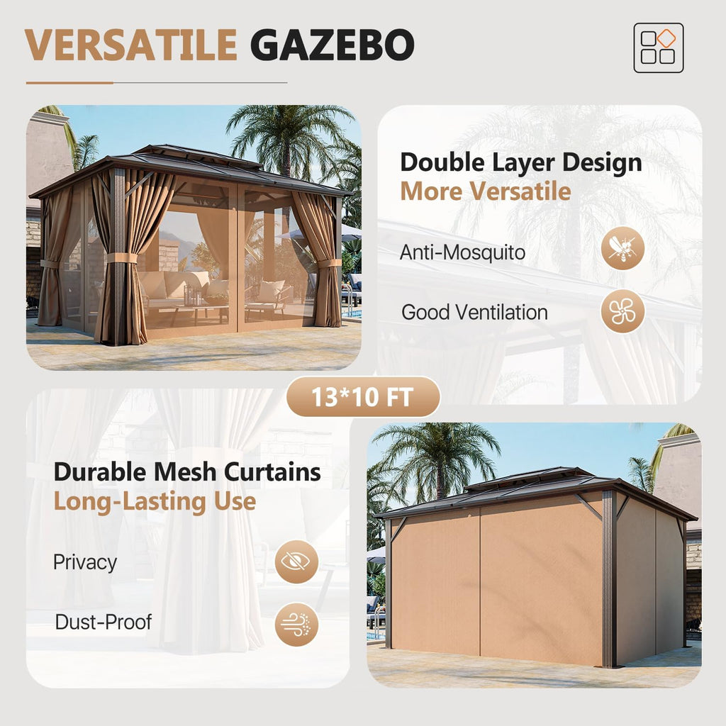 10'x13' Hardtop Gazebo, Polycarbonate Double Top Canopy, Aluminum Frame Permanent Pavilion with Curtains and Netting, Sunshade for Lawns, Patios, Gardens