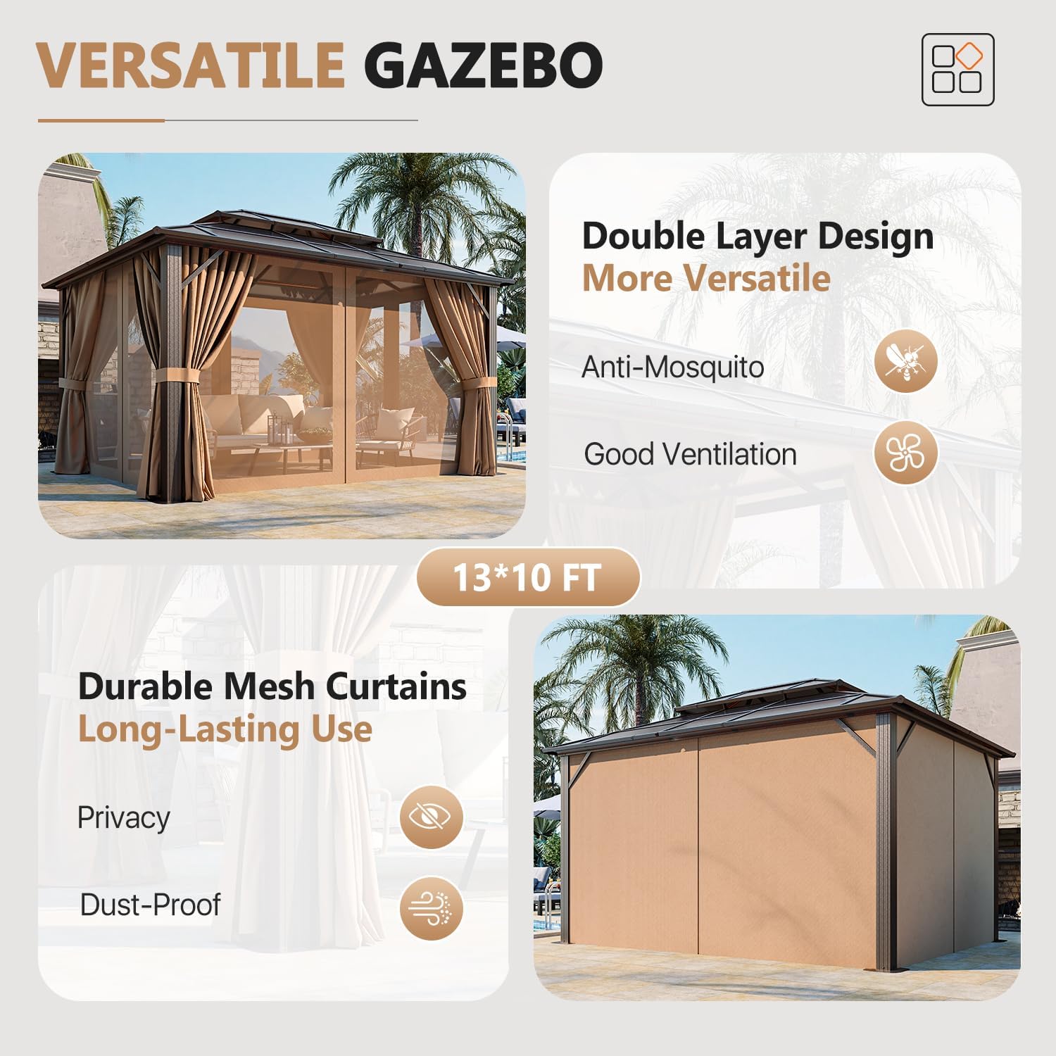 10'x13' Hardtop Gazebo, Polycarbonate Double Top Canopy, Aluminum Frame Permanent Pavilion with Curtains and Netting, Sunshade for Lawns, Patios, Gardens
