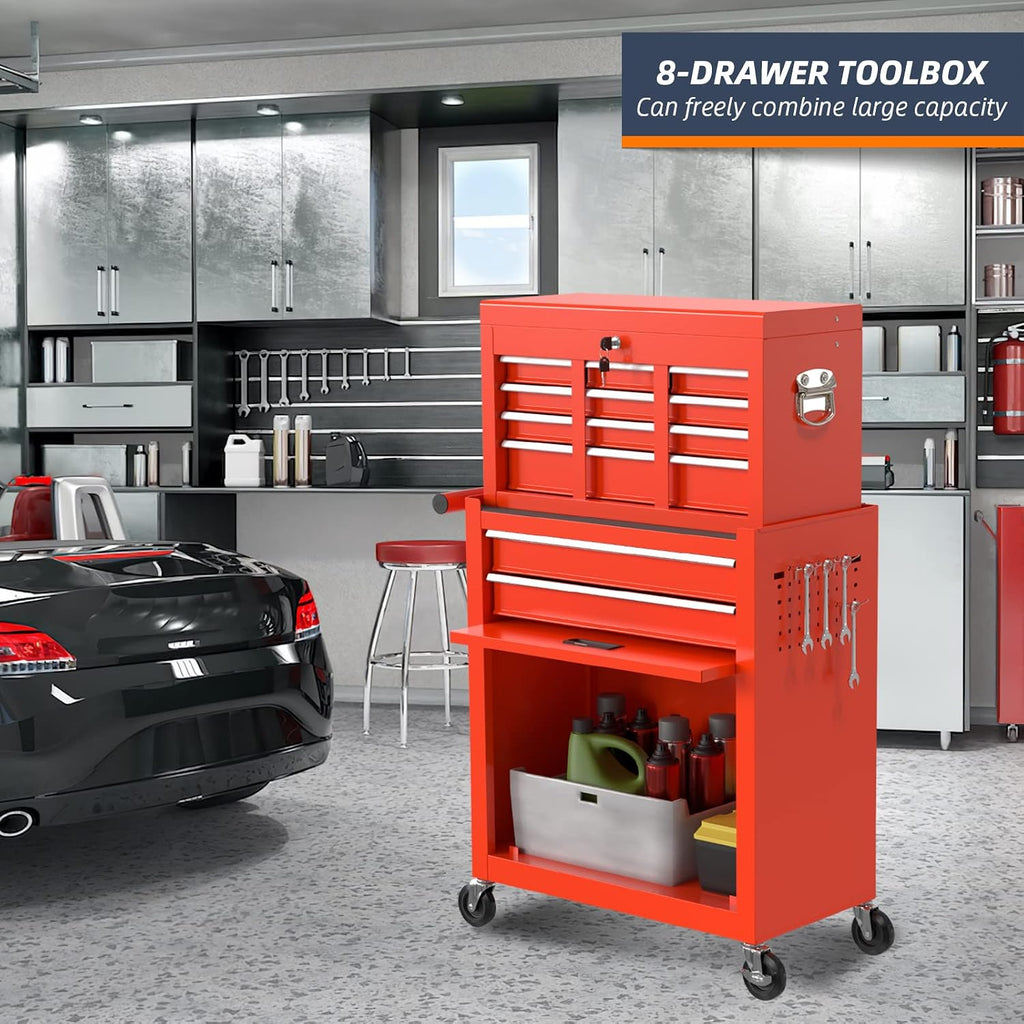 8-Drawer Rolling Tool Box, Lockable Rolling Tool Chest with Wheels and Drawers, 2 in 1 Large Capacity Storage Tool Cabinet for Warehouse, Garage, Tool Room and Repair Shop (Red)
