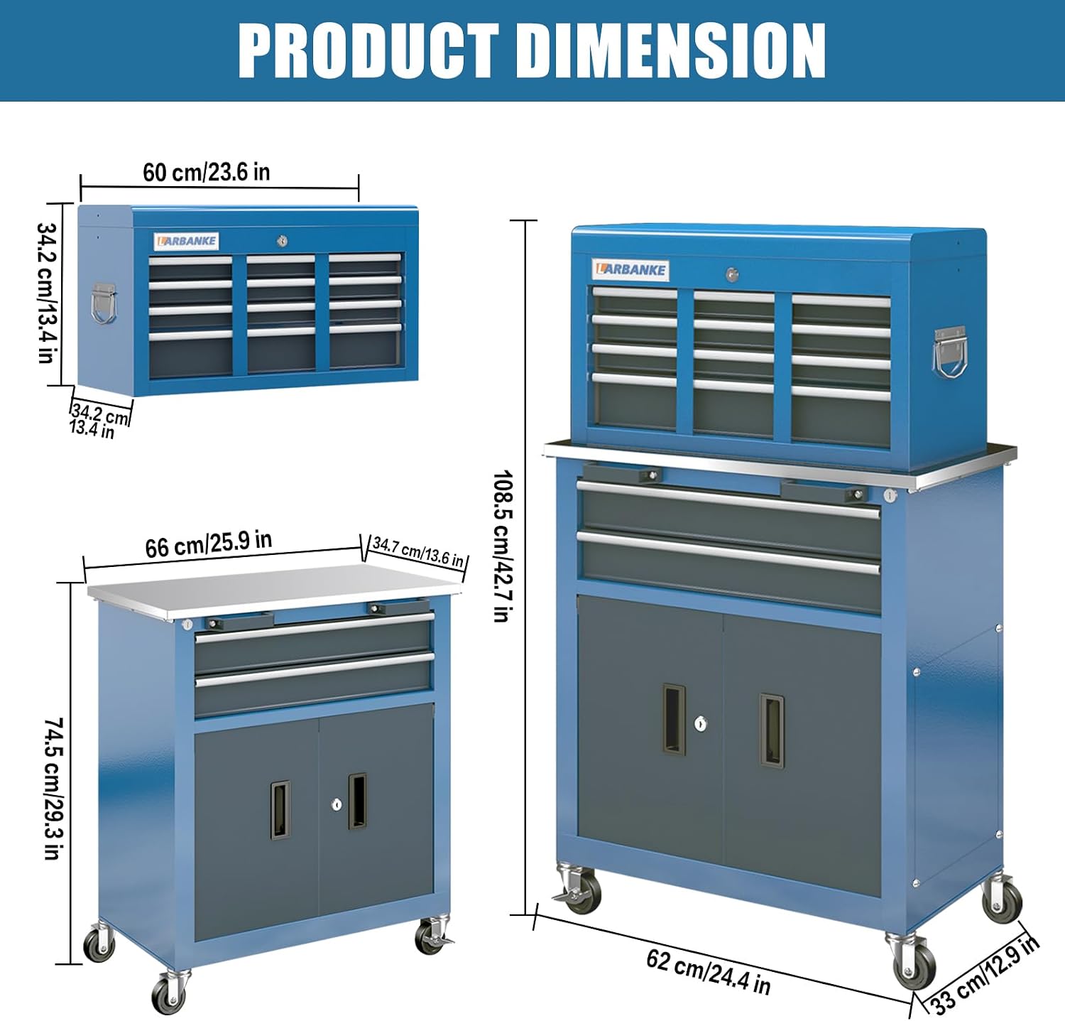 LARBANKE 5-Drawer&8-Drawer Tool Chest combination,with Universal Brake Wheels and Padded Feet,Tool Cabinet with Stainless Tabletop,Rolling Tool Chest Can be Connected Together with Connectiong Buckle