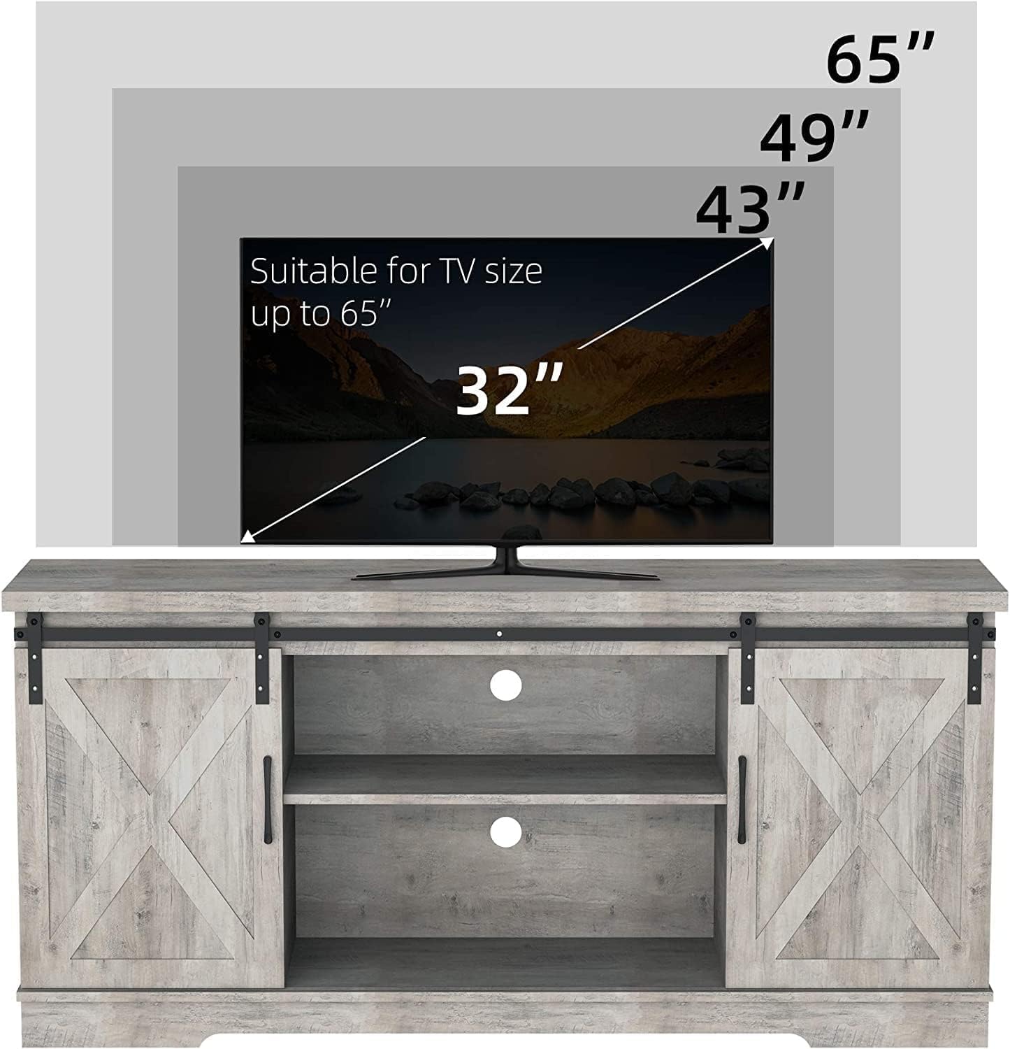 Farmhouse TV Stand for TVs up to 65', Modern Entertainment Center with Sliding Barn Doors & Adjustable Shelves, TV Console for Living Room, Heavy Duty 220lbs Load (Grey)