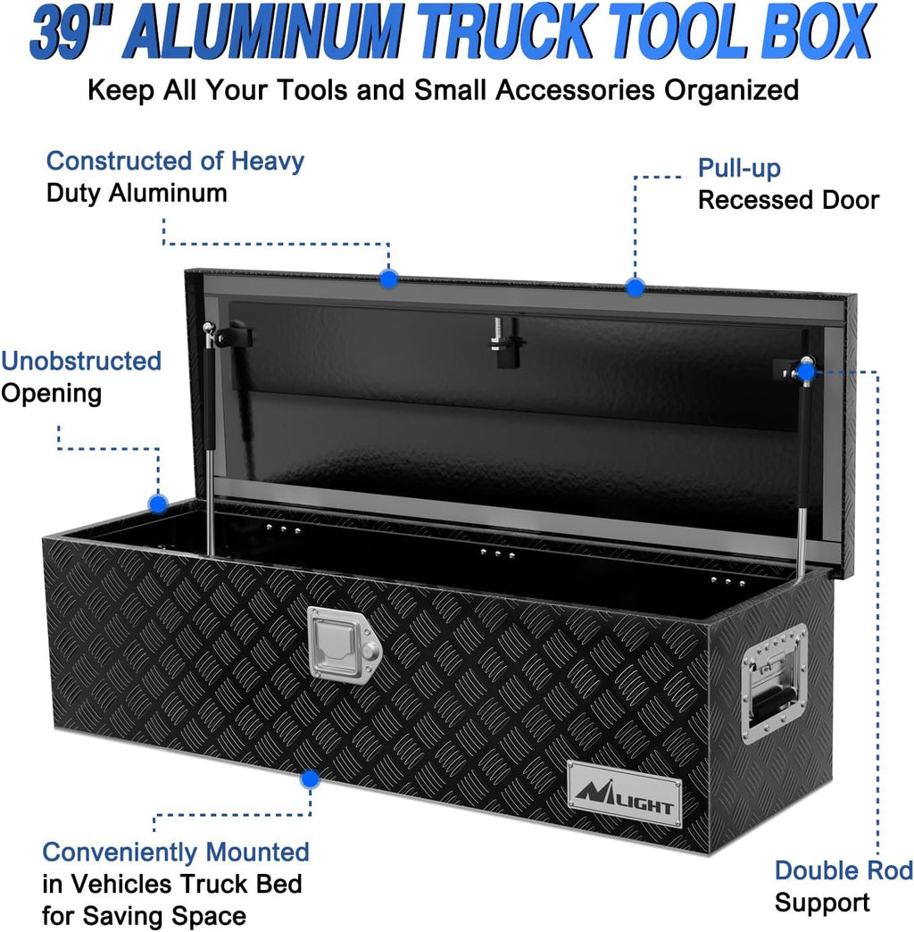 Nilight 39 Inch Truck Tool Box Heavy Duty Aluminum Stripes Plated Pick Up Truck Bed Toolboxes 39'x13'x10' Waterproof Storage Organizer for Bed of Truck RV Trailer with Side Handle Lock Keys, Black