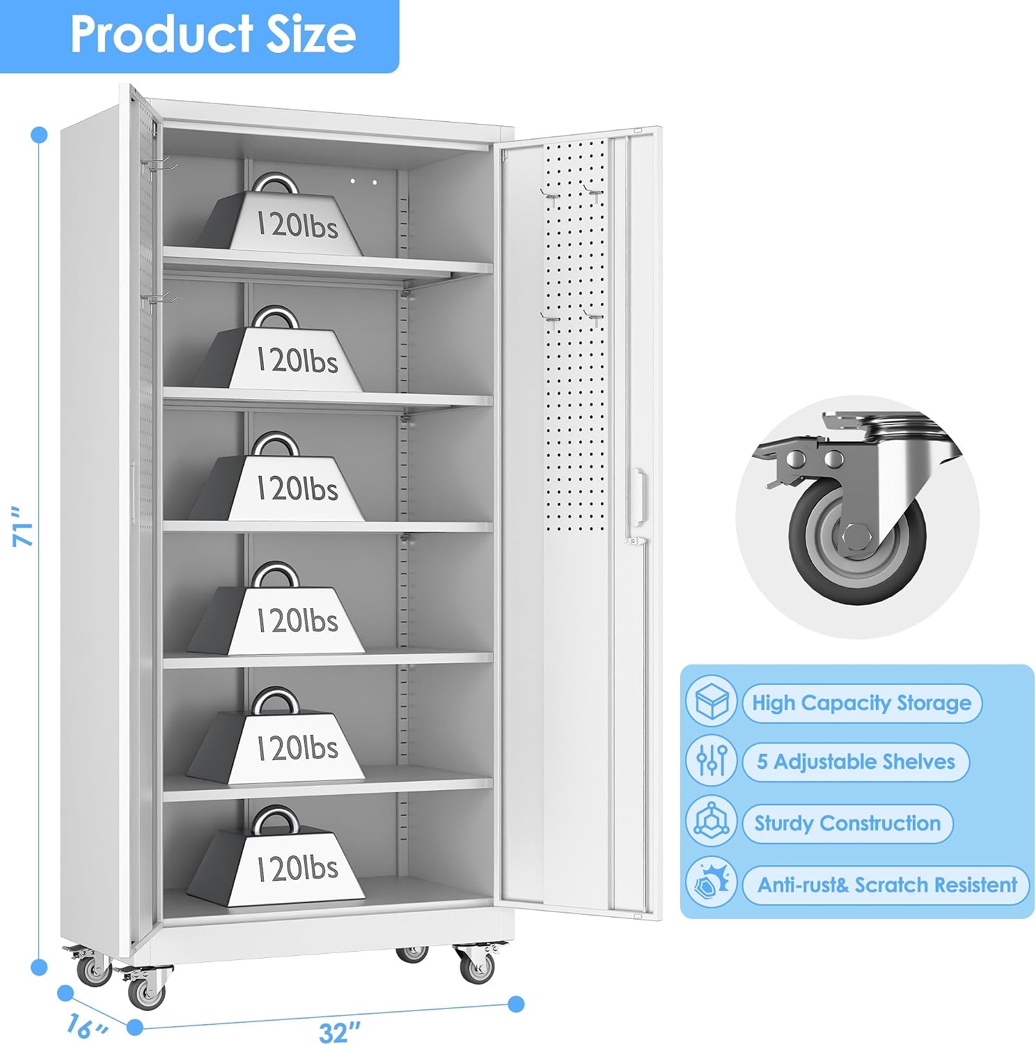 Metal Storage Cabinet with Wheels and Pegboard,71' H x 32' W x 16' D Garage Storage Cabinet with 2 Doors and 5 Adjustable Shelves for Garage, Home, Warehouse, Closet, Assembly Required, White