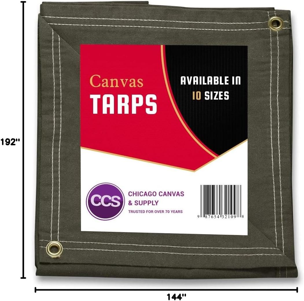 CCS Waterproof Canvas Tarp Cover – Heavy Duty Duck Cloth, Waxed Canvas Tarpaulin with Rustproof Brass Grommets for Camping, Construction, Equipment & Outdoor Use (Olive Drab, 12x16 Ft)