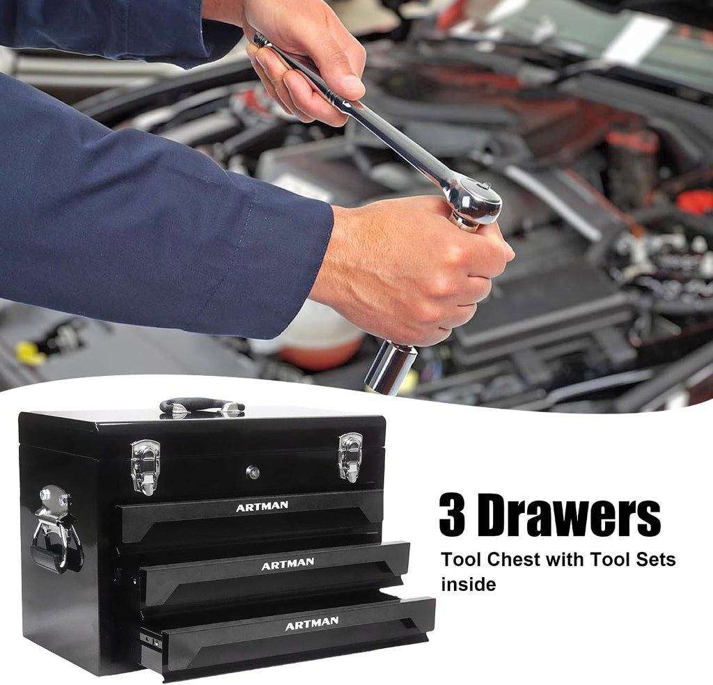 20' Portable 3 Drawer Steel Toolbox,Built in Tool Set,4 Layers of Tools with Metal Latches, with Top Storage Tray and carrying Handle, Multi-Function Tool Storage for Garage, Home,or Workbench
