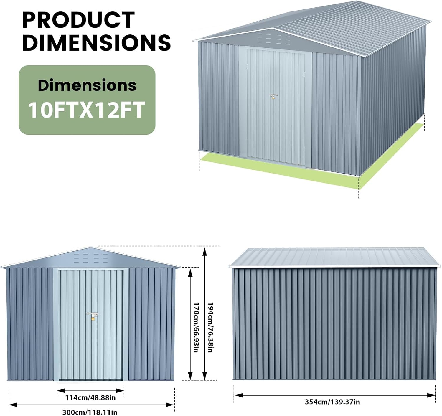 10X12x8 FT Outdoor Steel Storage Shed with Lockable Doors, Garden Sheds with Weather-Resistant and Moisture-Resistant, Ideal for Patio Lawn Backyard Outside Use, Gray