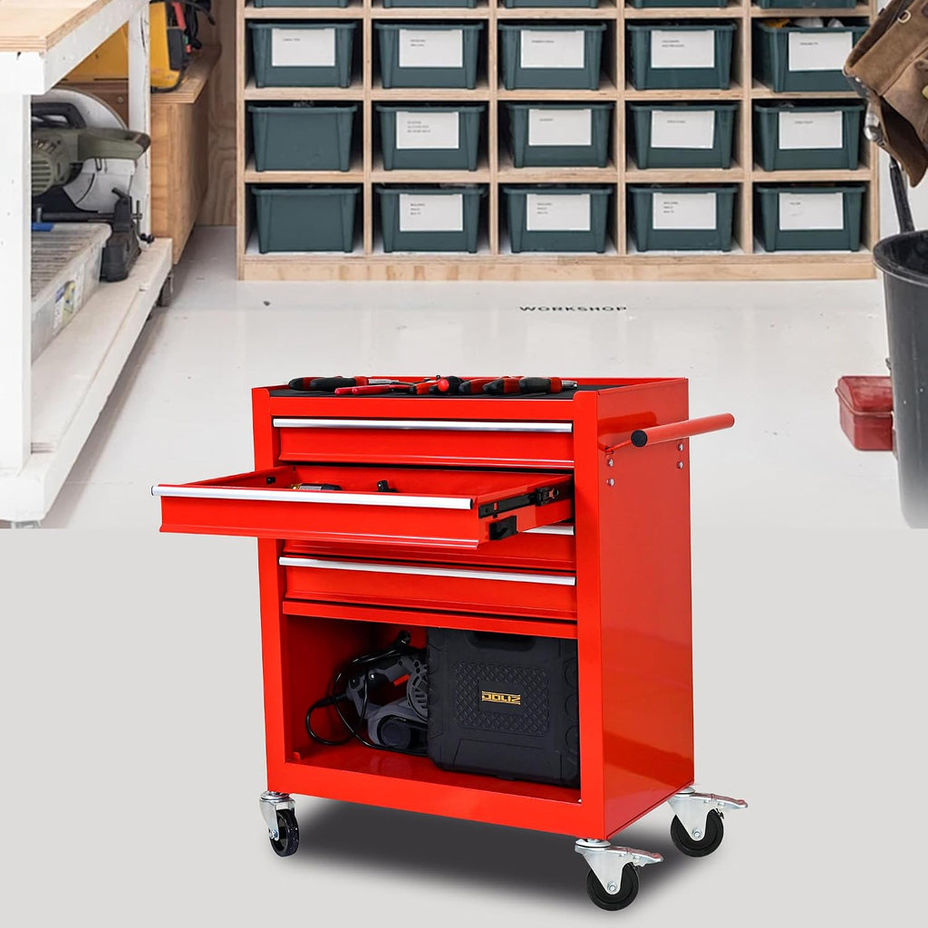 4 Drawers Tool Cart on Wheels, 4 Drawer Rolling Tool Chest, Trolley Organizer Tool Box Tool Case with 1 Cabinet, Multifunctional Tools Case for Garage,Warehouse,Workshop,Repair Shop (Red)