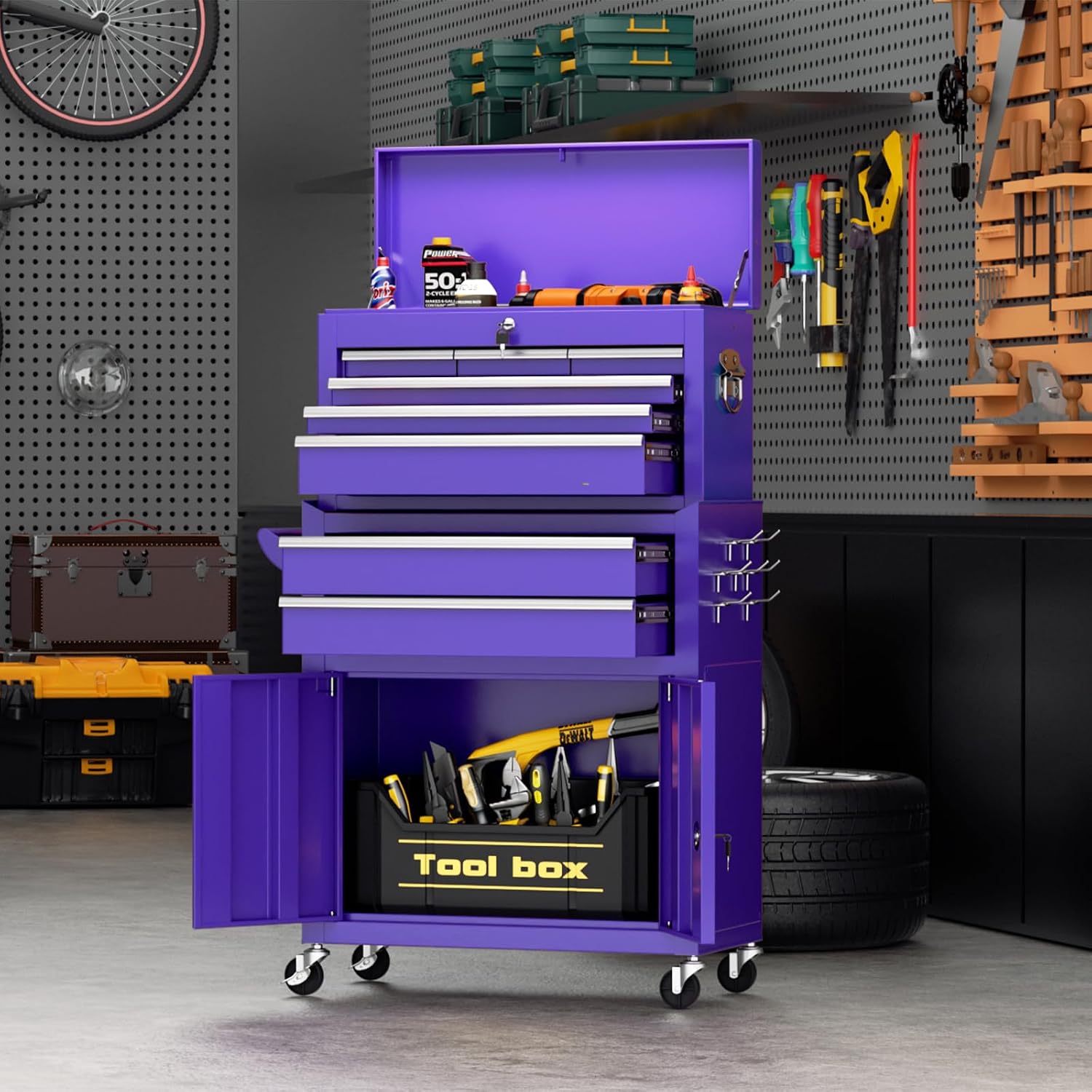Superday Metal Tool Chest, 8 Drawer Rolling Tool Chest with Wheels, Detachable Tool Storage Cabinet with Lock for Garage, Steel Tool Cart with Liner & Hooks for Workshop, Warehouse (Purple)