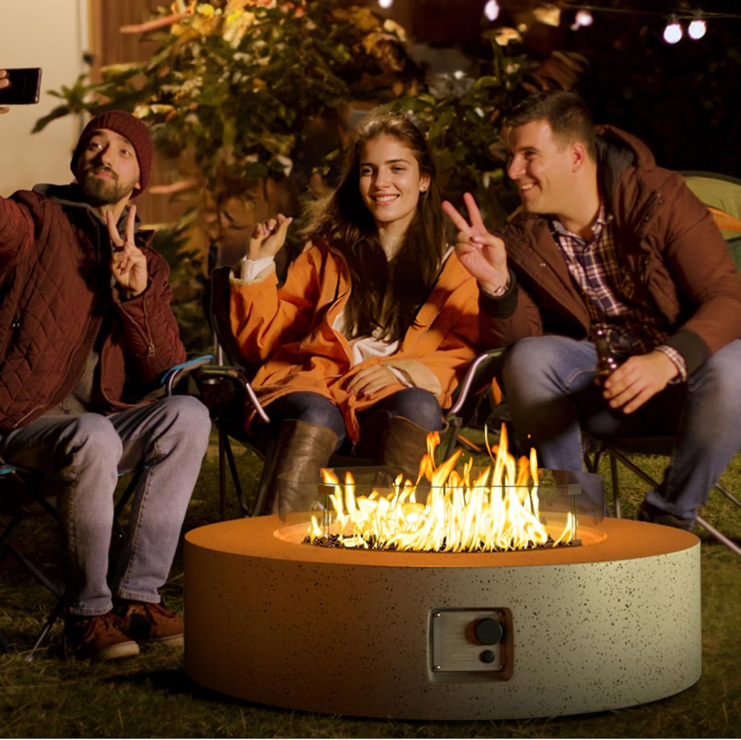 COSIEST Outdoor Propane Fire Pit Coffee Table w Terrazzo White 40.5-inch Round Base Patio Heater, Certified, 50,000 BTU Stainless Steel Burner, Wind Guard, Black Fire Glass, Rain Cover