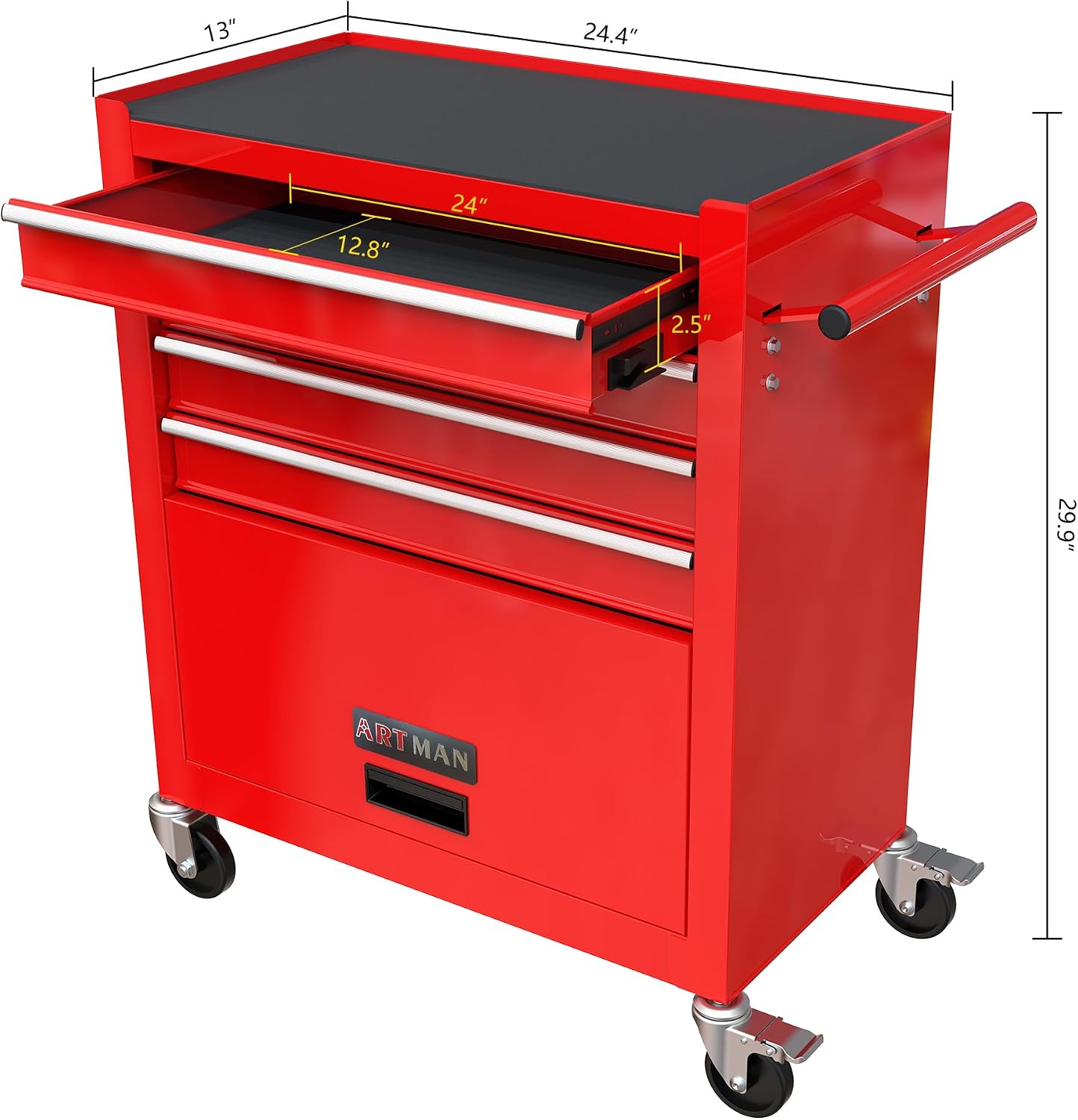 4 Drawers Rolling Tool Chest Cart. Tool Storage Cabinet with 4 Wheels.Tool Cabinet Trolley with Locking System and Drawer Liners.Tool Storage Cart for Garage,Workshop. 24.4' Toolbox Cart(red
