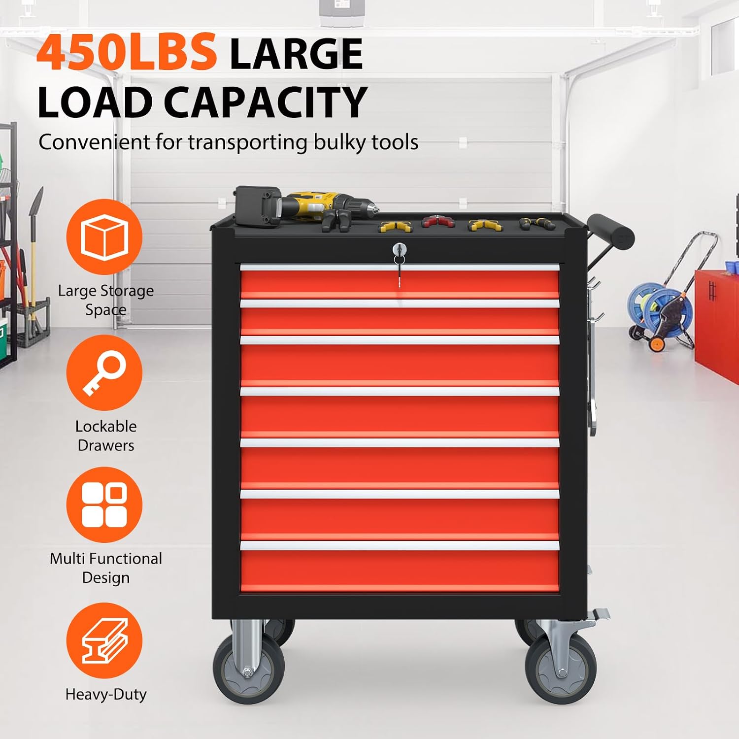7-Drawer High Capacity Rolling Tool Box, Removable Cabinet Storage Tool Chest with Wheels and Drawers, Detachable Toolbox with Lock for Mechanics Garage Workshop and Tool Room (Black&red)