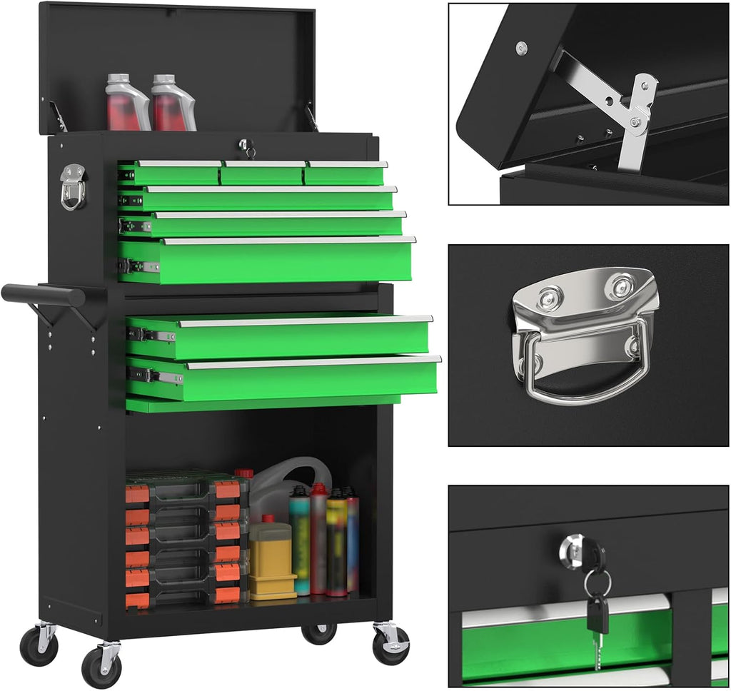 High Capacity Rolling Tool Boxes with Wheels and Drawers, 8-Drawer Storage Cabinet,Detachable Organizer Combo,Mobile Lockable Toolbox for Workshop Mechanics Garage (Blackgreen)