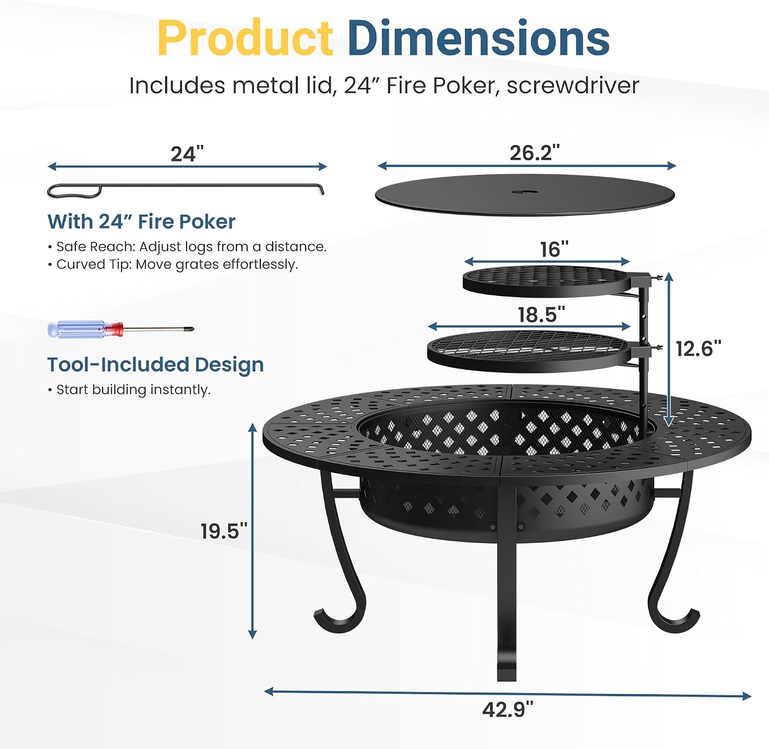 Wisteria Lane 3 in 1 43' Extra Large Fire Pit for Outside Wood Burning with 2 Adjustable Grills, Outdoor Fireplace with Lid and Fire Poker, BBQ & Bonfire & Round Metal Table for Patio, Backyard