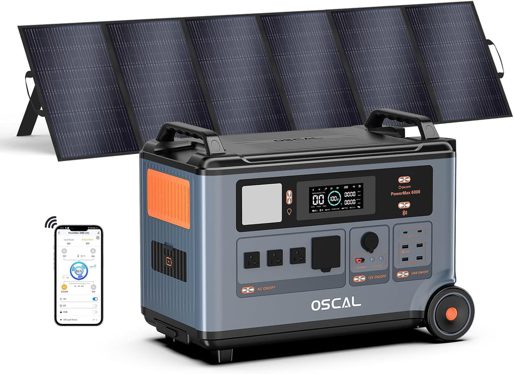 OSCAL Solar Generator 3600Wh PowerMax 6000 with 500W Portable Solar Panel, 120V/240V Power Station 6000W AC Outlets (9000W Peak), 2200W AC Charging/2400W Solar Charging, Home Battery Backup