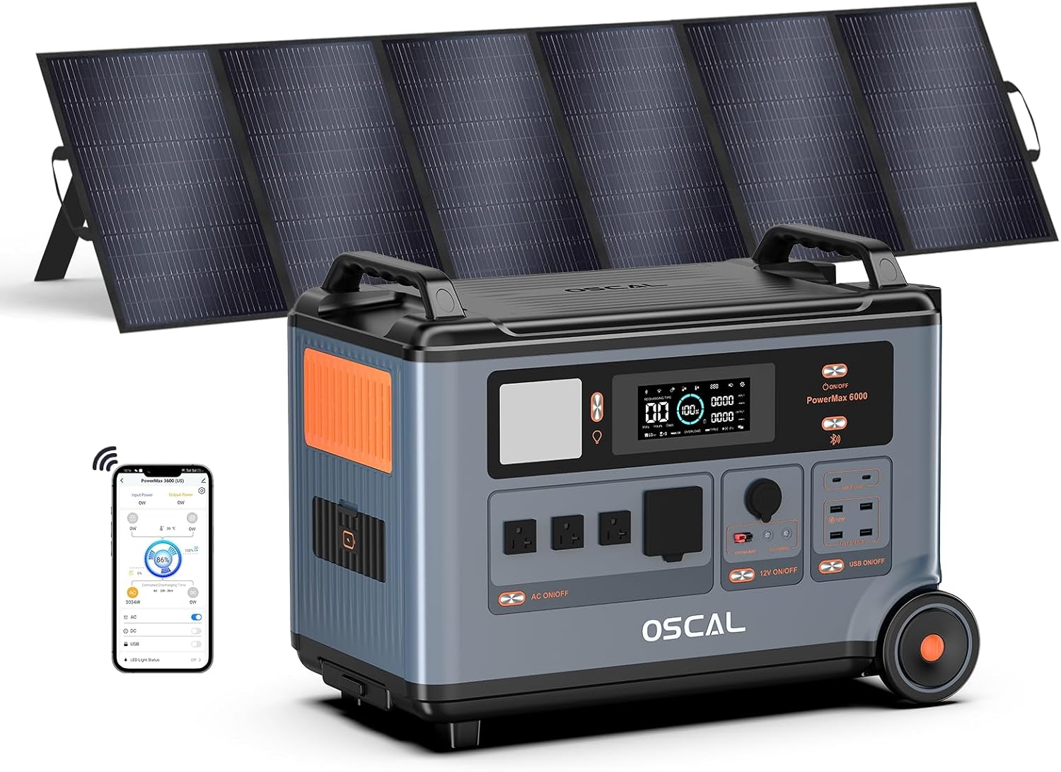 OSCAL Solar Generator 3600Wh PowerMax 6000 with 500W Portable Solar Panel, 120V/240V Power Station 6000W AC Outlets (9000W Peak), 2200W AC Charging/2400W Solar Charging, Home Battery Backup