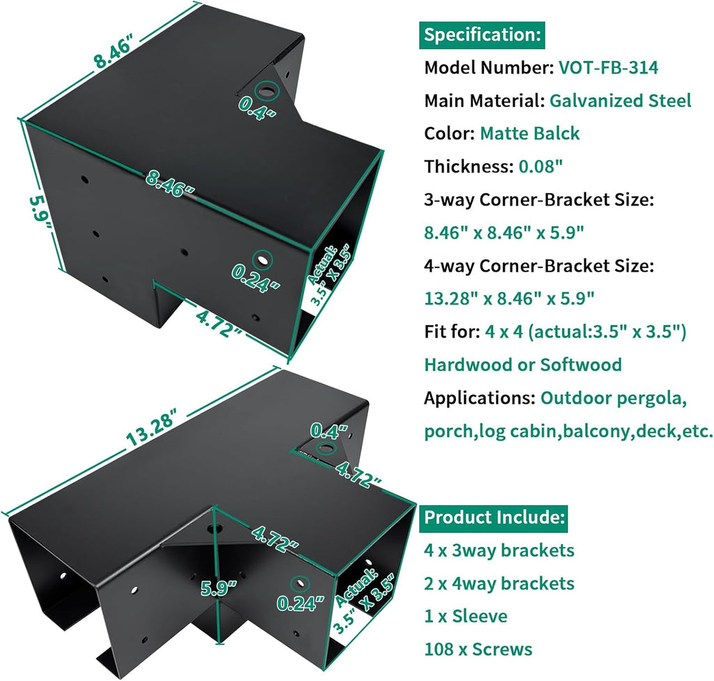 Pergola Bracket kit,3-Way & 4-Way Right Corner Angle Woodwork Bracket for 4' x 4' (Actual: 3.5' x3.5'') Wood Beam for Outdoor Gazebos,Patio Pergolas,Log Cabins - 6Pack