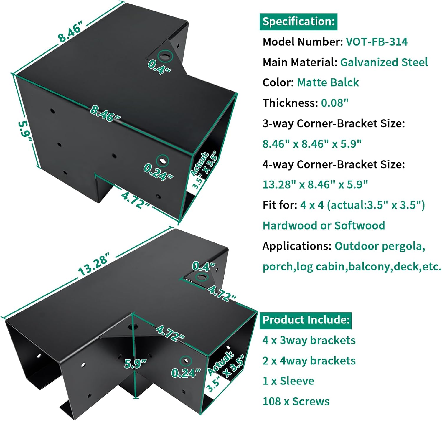 Pergola Bracket kit,3-Way & 4-Way Right Corner Angle Woodwork Bracket for 4' x 4' (Actual: 3.5' x3.5'') Wood Beam for Outdoor Gazebos,Patio Pergolas,Log Cabins - 6Pack