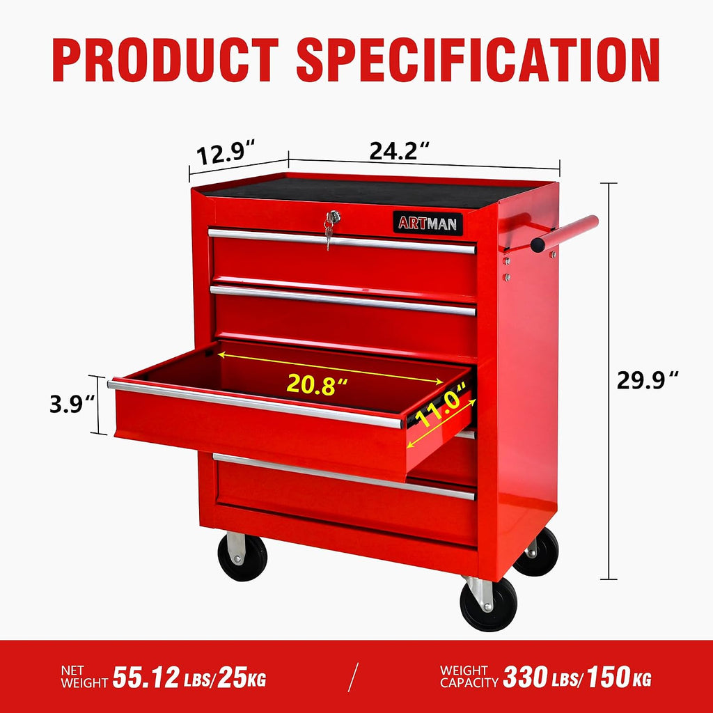 5 Drawers Tool Cart on Wheels, 5 Drawer Rolling Tool Chest with Key Lock, Trolley Organizer Tool Case, Multifunctional Rolling Tool Box for Garage,Warehouse,Workshop,Repair Shop (Red)
