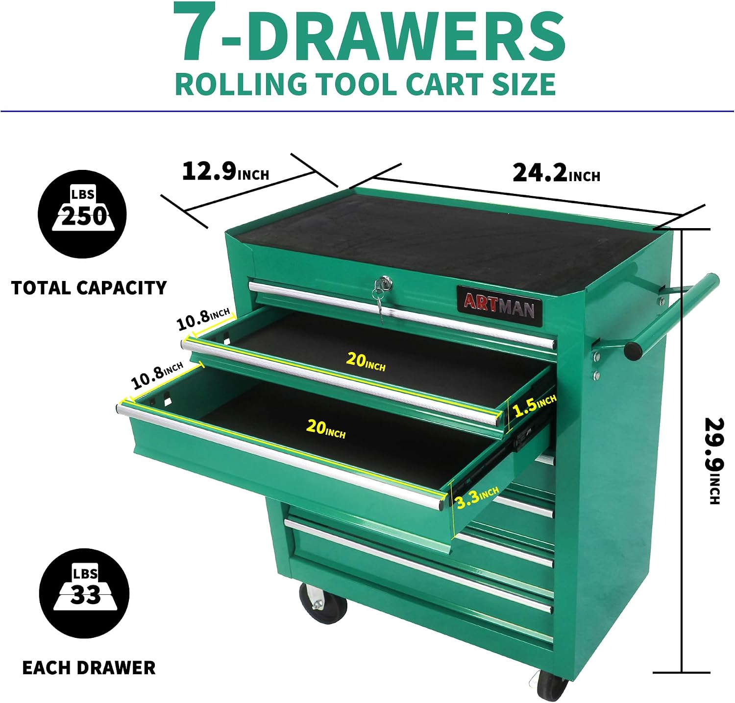 Larmliss 7 Drawers Rolling Tool Box，Tool Cart on Wheels，Locked Drawers Storage Organizer Cabinet for Garage, Warehouse, Repair Shop, Workshop