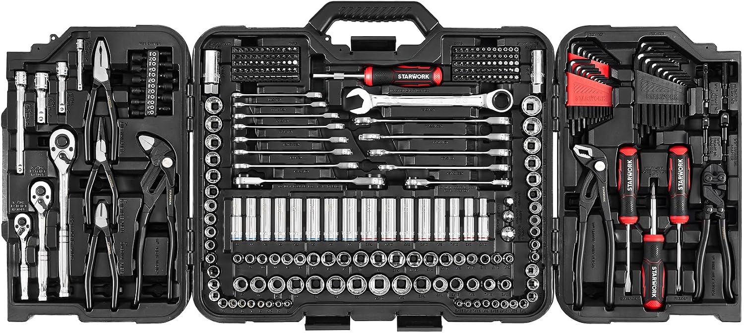 STARWORK TRUE MECHANIC 312-Piece Mechanics Tool Set and Socket Set, Professional 【Pliers Wrench】 SAE/Metric, Mirror-Finish Sockets & Ratchet Wrenches