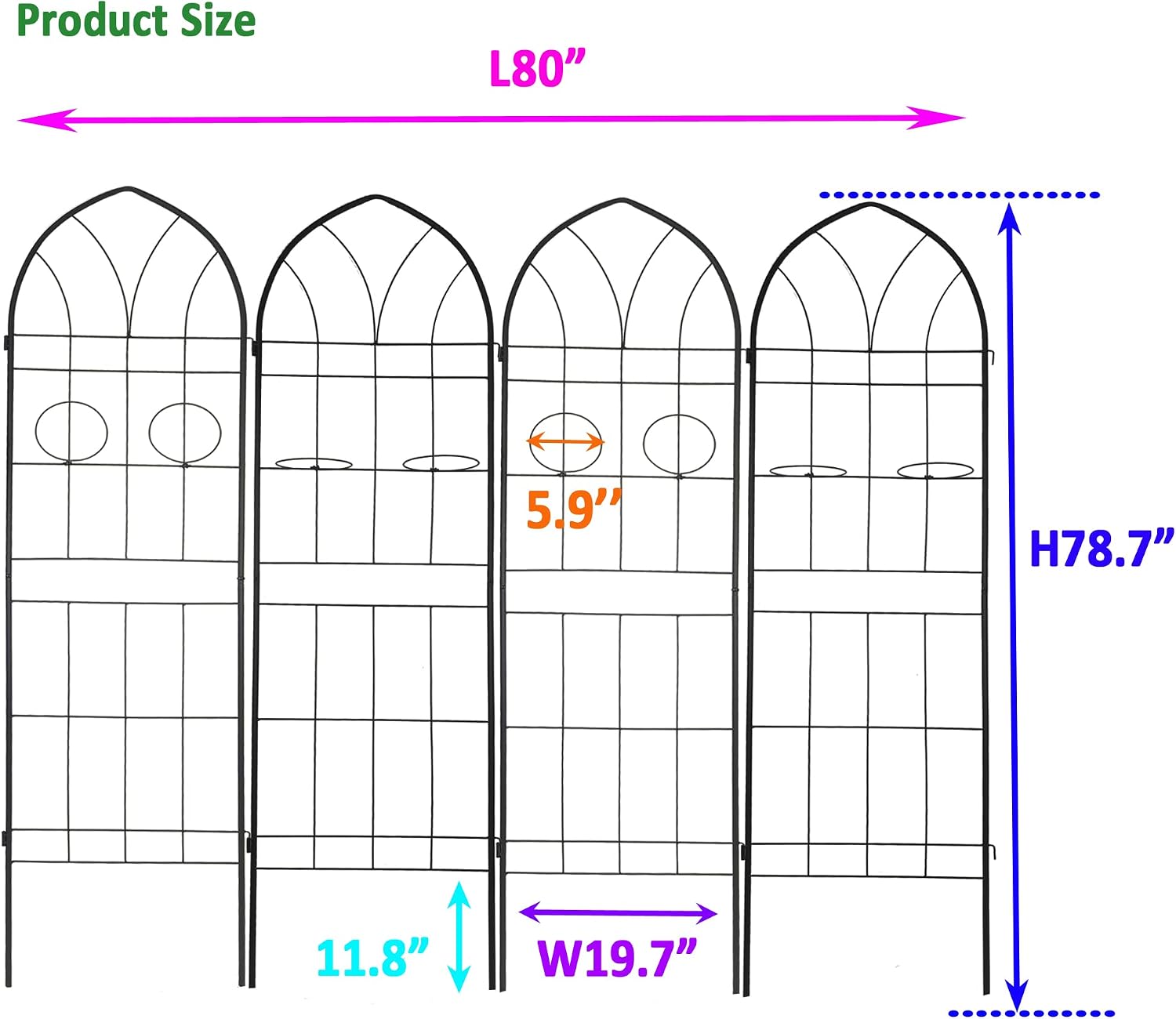 78.7'x80' 4 Pack Metal Garden Trellis with Galvanized Tube,Vines Plant Rose Vegetable Support,w/ 2 Pot Holders,Large Decorative Outdoor Trellis,for Backyard,Farm,Black
