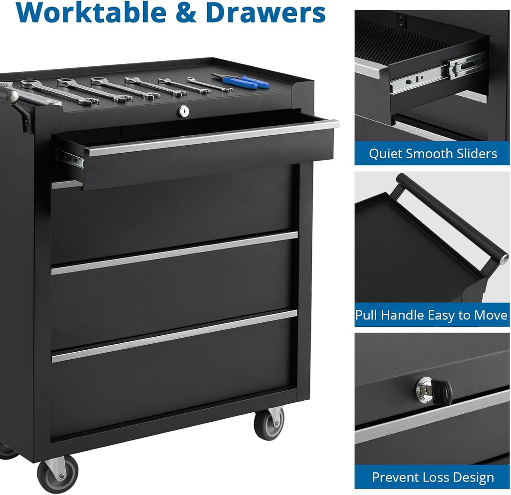 24' Rolling Tool Chest, 4-Drawer Tool Box, Wheels Lockable Tool Cabinet Organizer, Portable Tool Cabinet Organizer with Locking System & Drawer Liners, Tool Storage Cart for Garage, Workshop