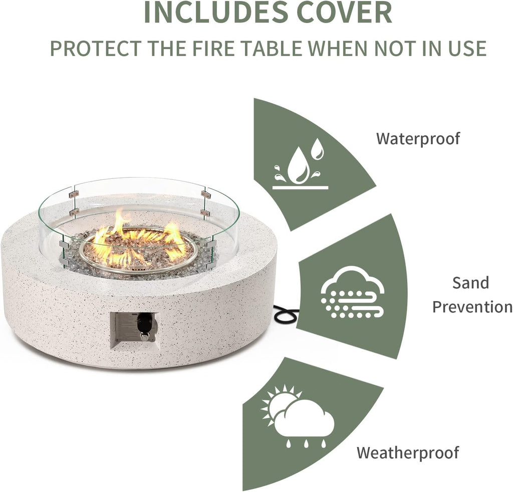 COSIEST Outdoor Propane Fire Pit Coffee Table w Terrazzo White 42 inch Round Base Patio Heater, Certified, 50,000 BTU Stainless Steel Burner, Wind Guard, Transparent Gray Fire Glass, Rain Cover