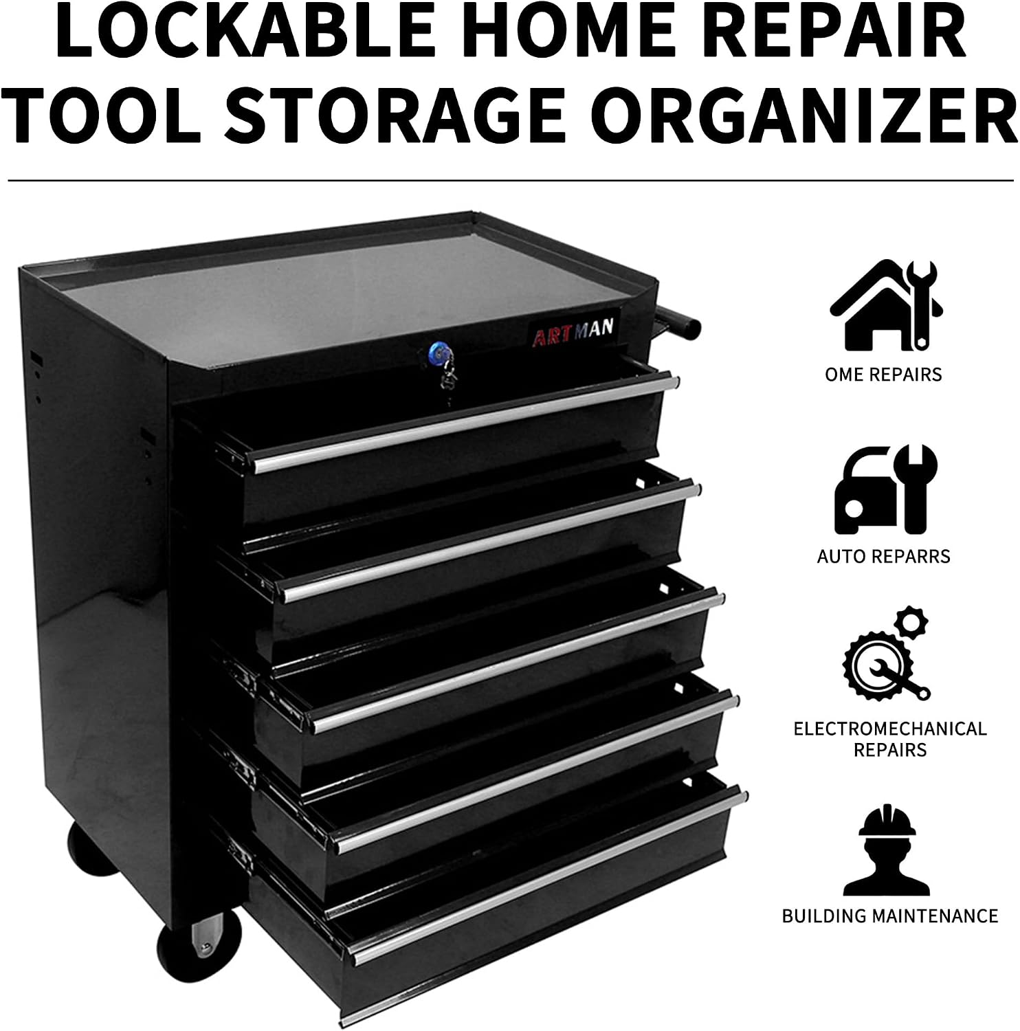 Larmliss 5-Drawer Rolling Tool Cart, Rolling Tool Box on Wheels, Lockable Home Repair Tool Storage Organizer, Tool Chest Cabinet for Mechanic, Garage