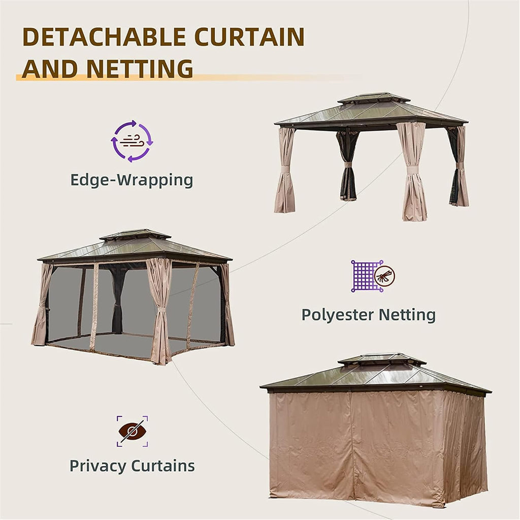 10x12Ft Hardtop Gazebo Outdoor Patio Gazebo with Polycarbonate Double Roof Aluminum Frame Pavilion with Curtain and Netting for Garden Patio Lawns Deck Backyard, Brown