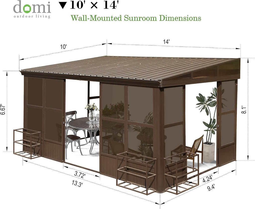 Domi 10x14FT Sunroom, Wall Mounted Sunroom Kit with Galvanized Steel Sloping Roof, Outdoor Sunroom Gazebo with Detachable PC Screen, 3 Sliding Double Doors, Lean to Sun Room for Patio, Deck