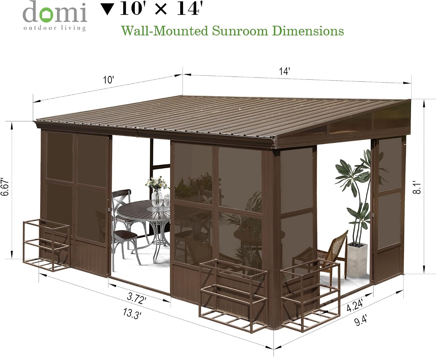 Domi 10x14FT Sunroom, Wall Mounted Sunroom Kit with Galvanized Steel Sloping Roof, Outdoor Sunroom Gazebo with Detachable PC Screen, 3 Sliding Double Doors, Lean to Sun Room for Patio, Deck