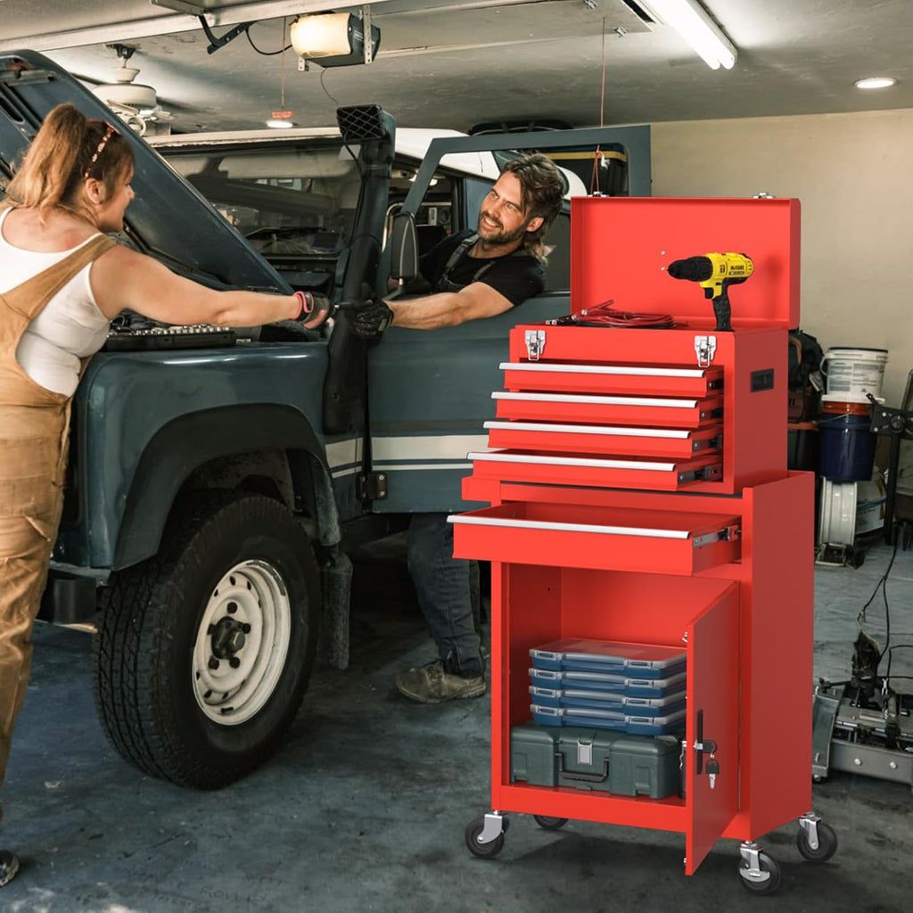 5-Drawers Tool Chest, 2-in-1 Rolling Tool Box with Wheels and Drawers, Detachable Storage Toolbox with Lock, Heavy-Duty Metal Tool Cart for Garage, Workshop (Red)